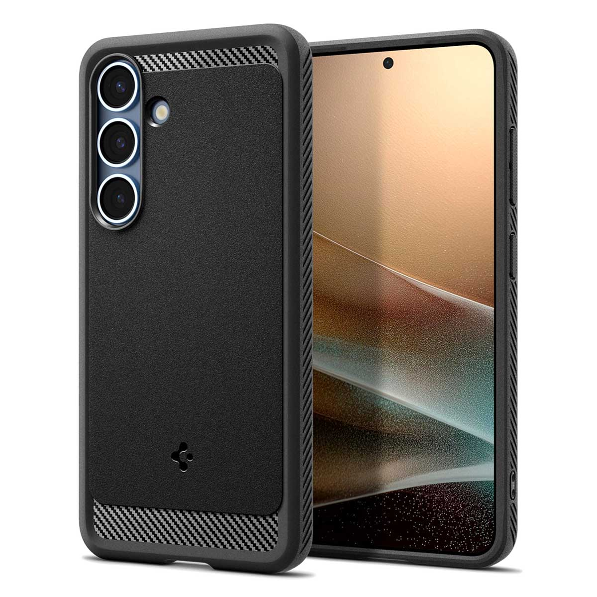 Coque noire avec textures noires et grises. Trois lentilles de caméra visibles.