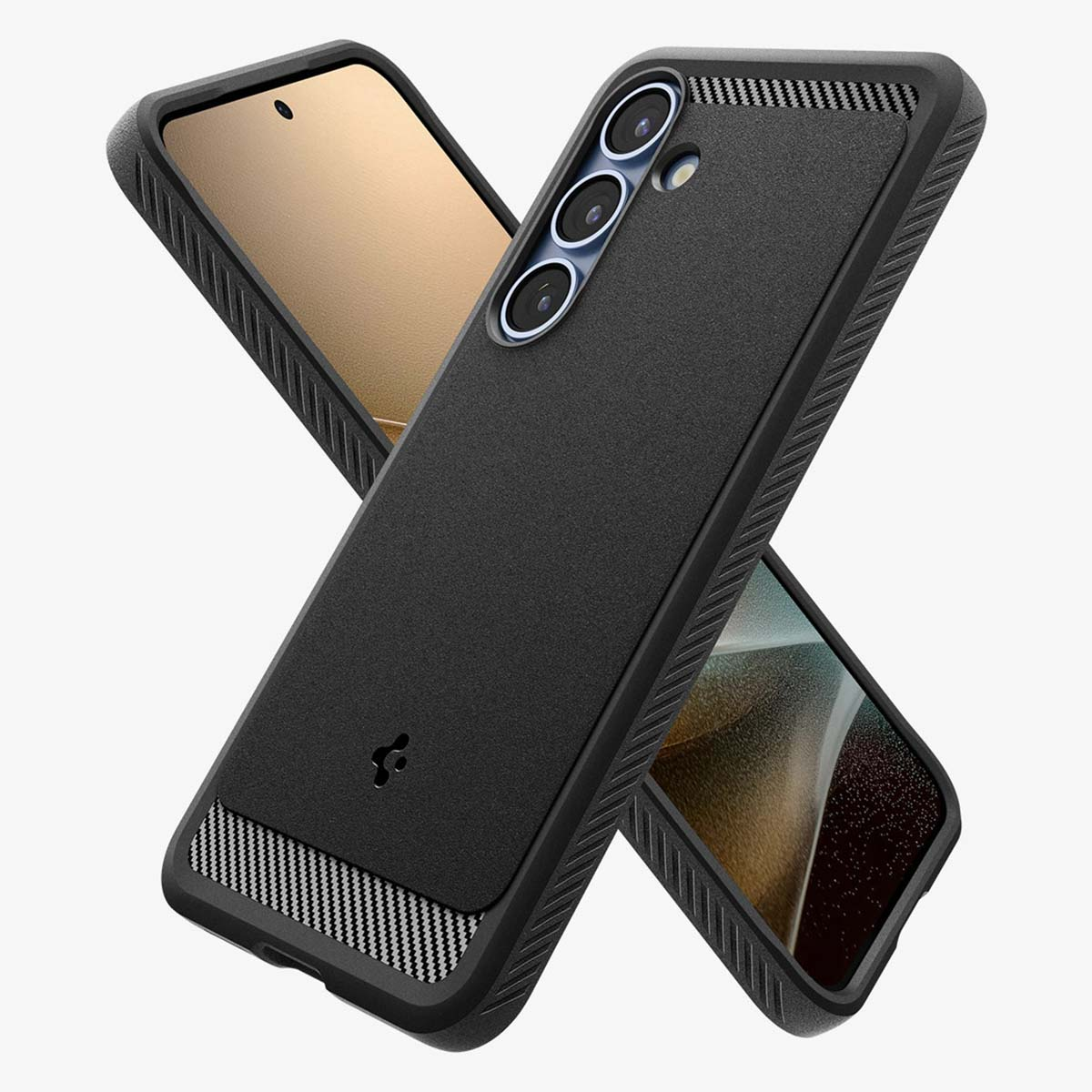 Coque de téléphone noire avec un téléphone, un autre téléphone en arrière-plan.