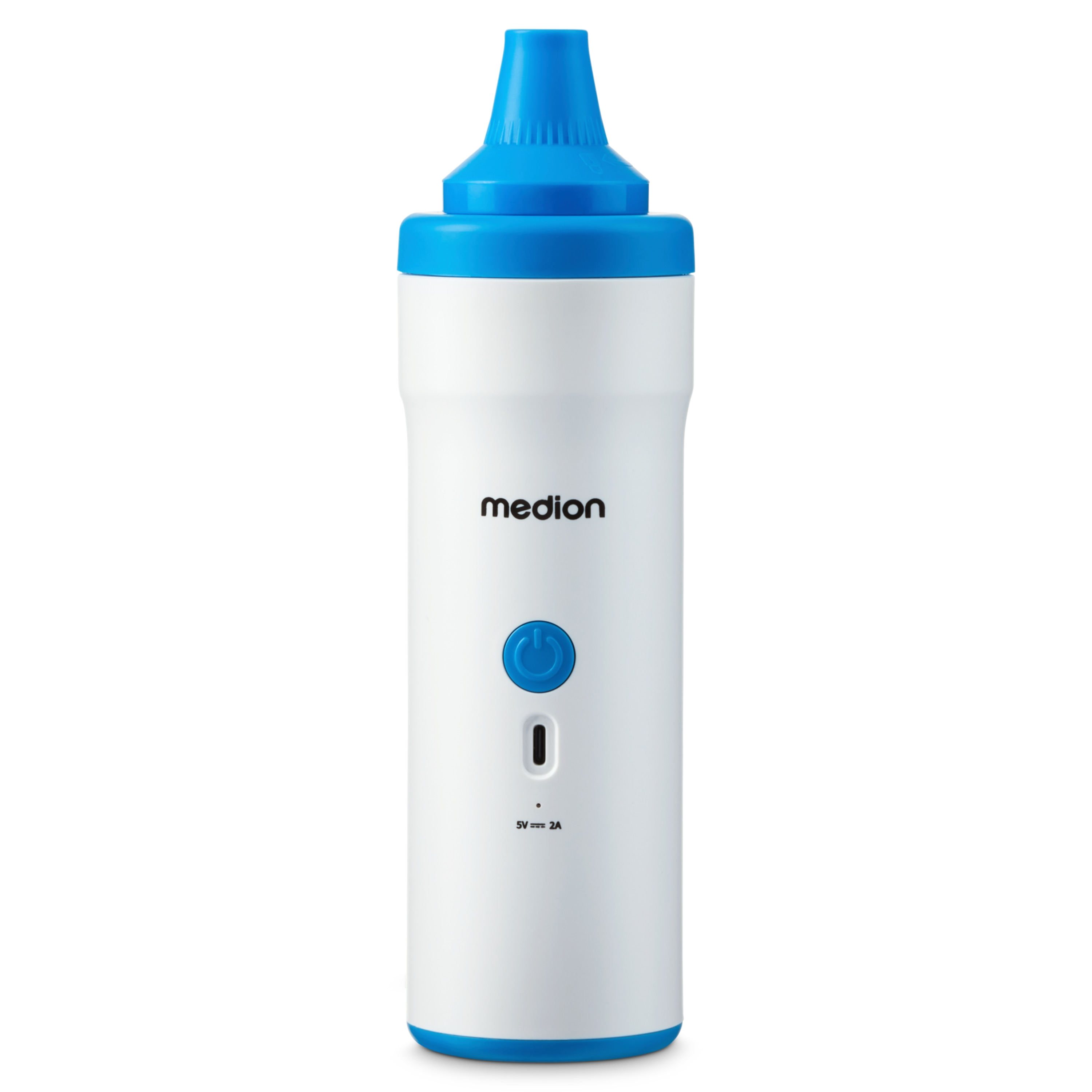 White and blue ear thermometer with a blue tip and a power button, isolated on white.