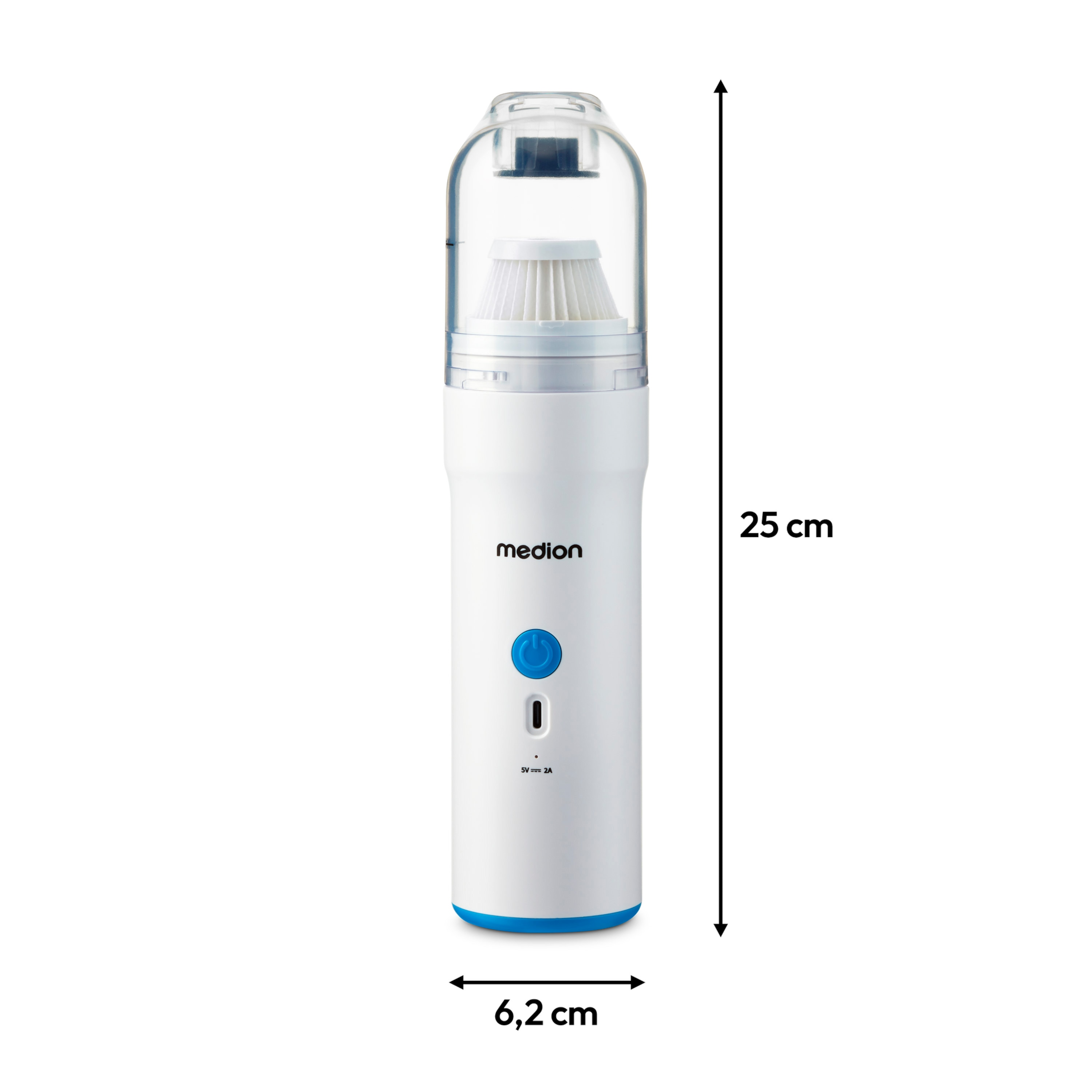 White and blue vacuum cleaner, 25 cm tall, 6.2 cm wide, with dimensions labeled.