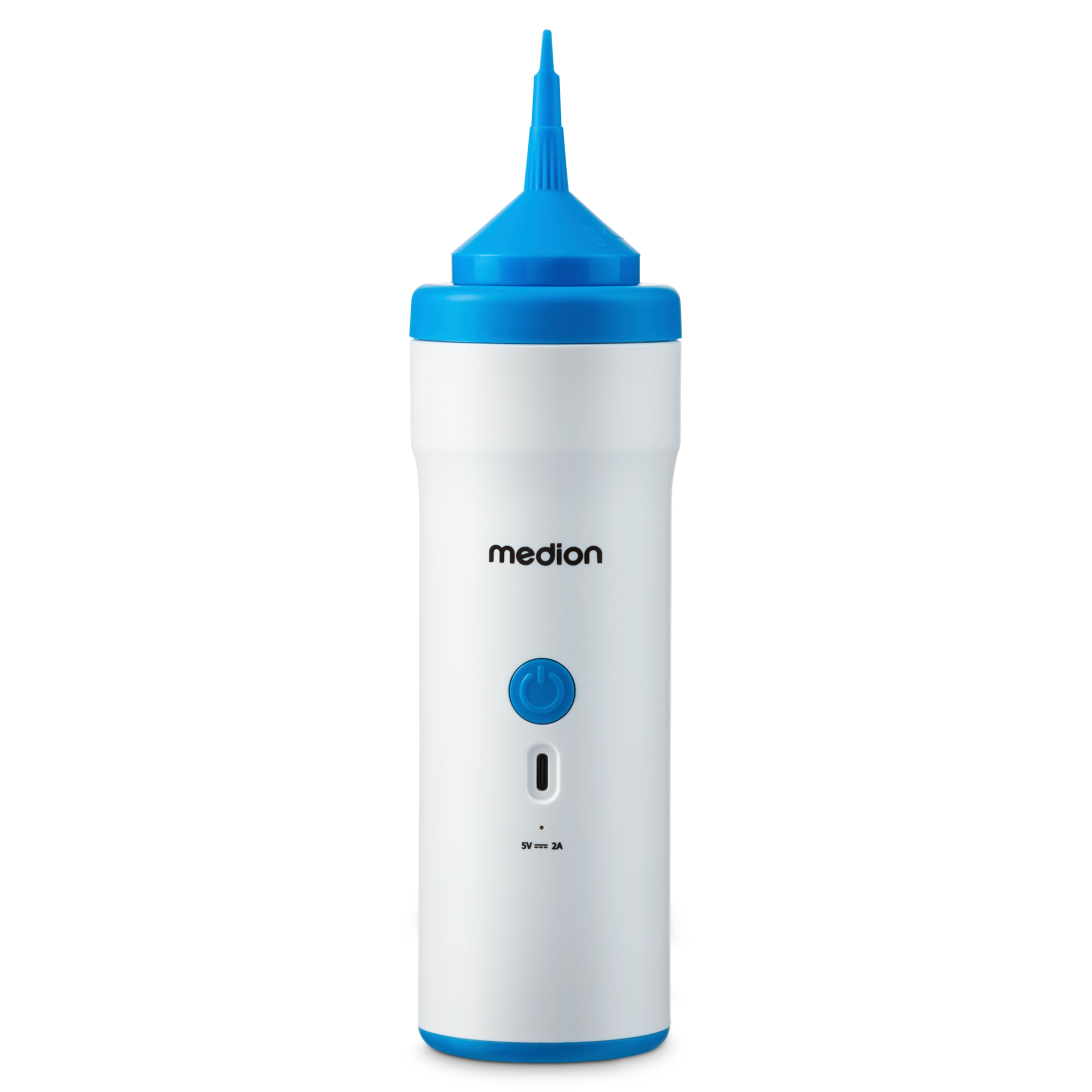 A white and blue nasal irrigator on a white background, with a power button and port.