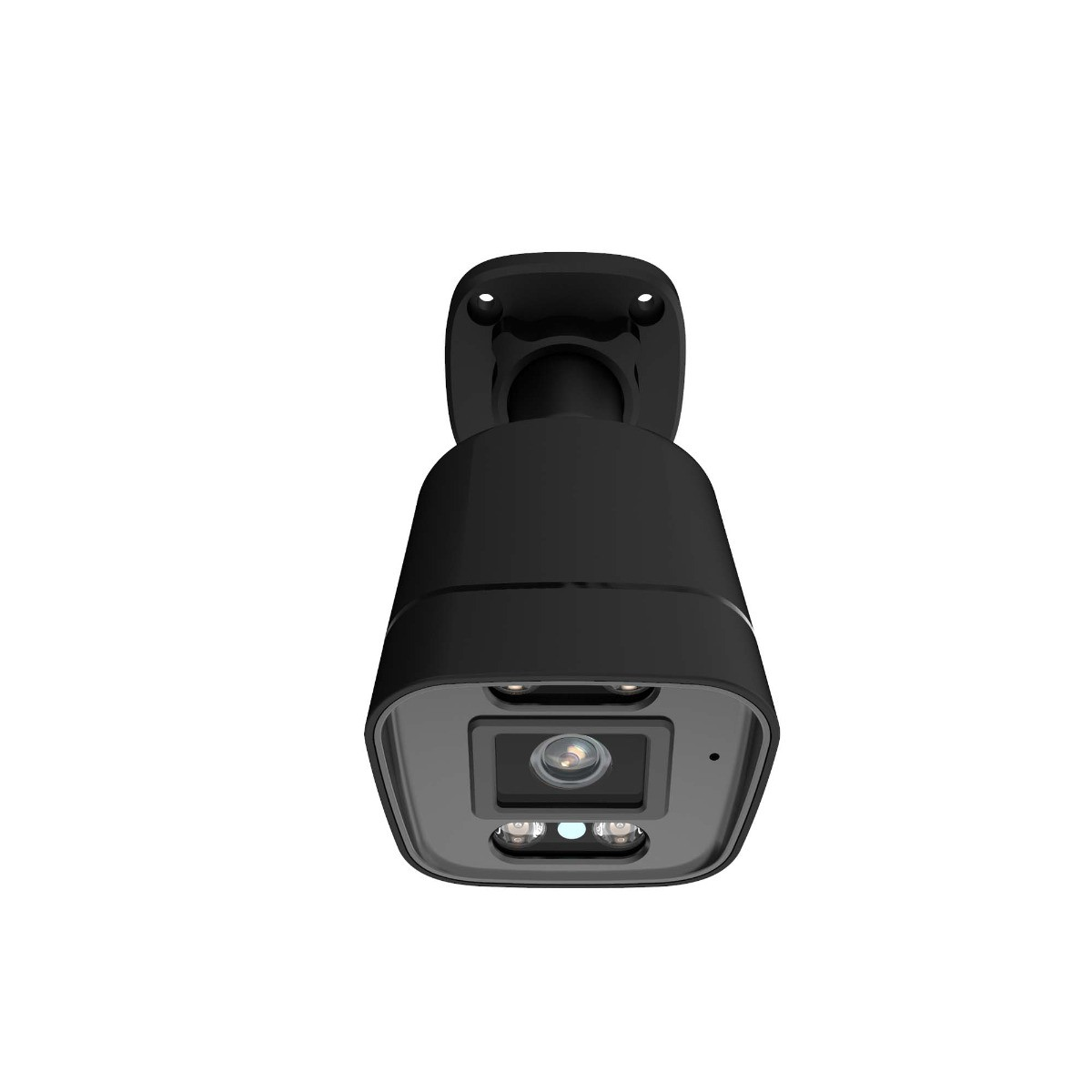 Security camera, black, mounted on a surface, with a white background.