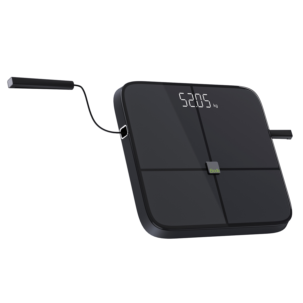 Czarna inteligentna waga wyświetlająca 52,05 kg. Posiada wyświetlacz cyfrowy i mały przycisk z napisem "Body".