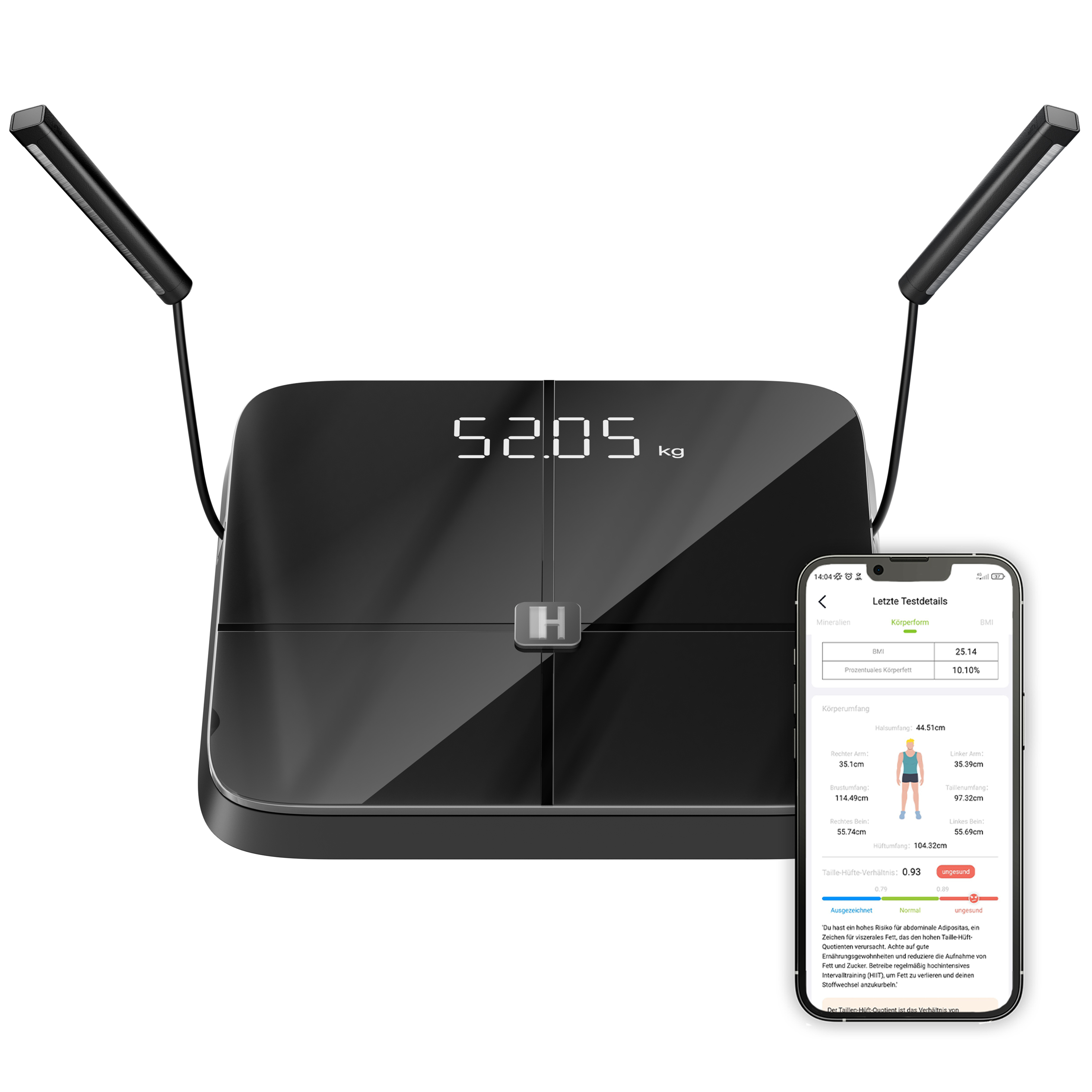 Czarna inteligentna waga i wyświetlacz smartfona. Waga pokazuje 52,05 kg. Telefon pokazuje szczegóły ciała.