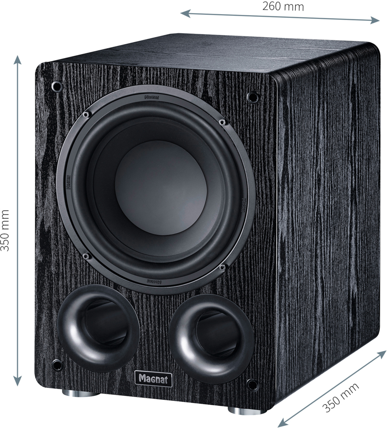 Schwarzer Subwoofer mit Abmessungen. Er hat zwei Anschlüsse und einen großen Lautsprecher. Holzähnliche Textur.