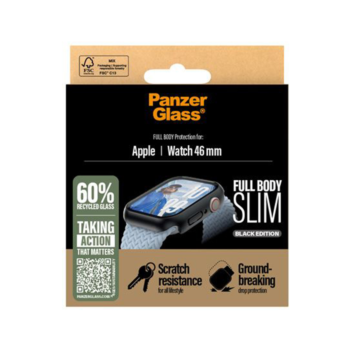 A box with a black background displays a watch screen protector, with 'Panzer Glass' logo.