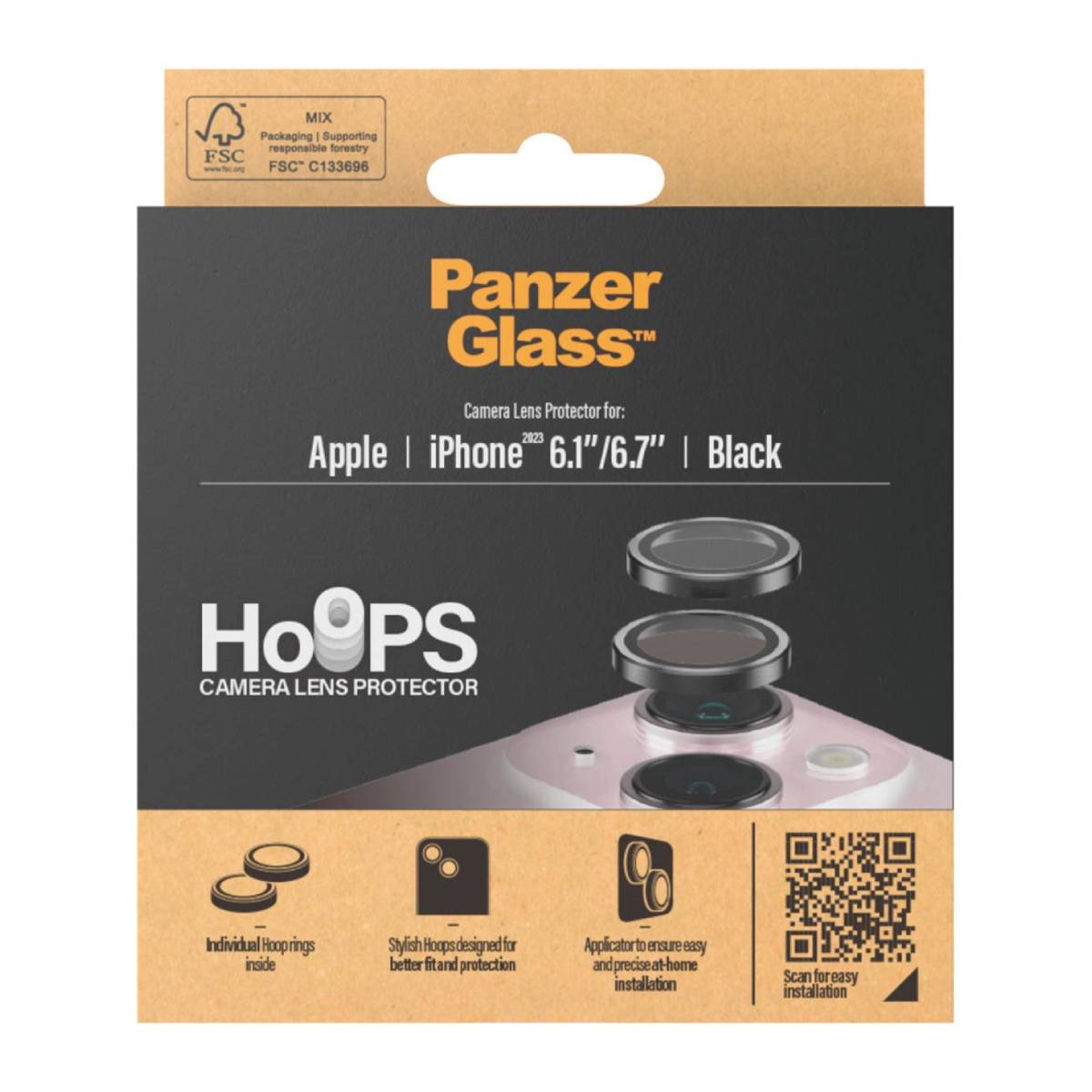 Panzer Glass cameralensbeschermer doos. Toont lensbeschermers en productinfo.