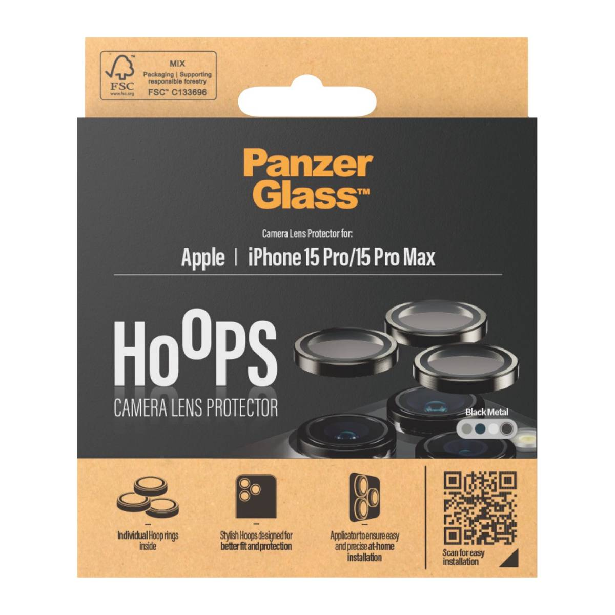 Emballage pour protecteur d'objectif d'appareil photo iPhone. Texte : Panzer Glass. Protecteur d'objectif d'appareil photo Hoops. Cache-objectifs en métal noir visibles.