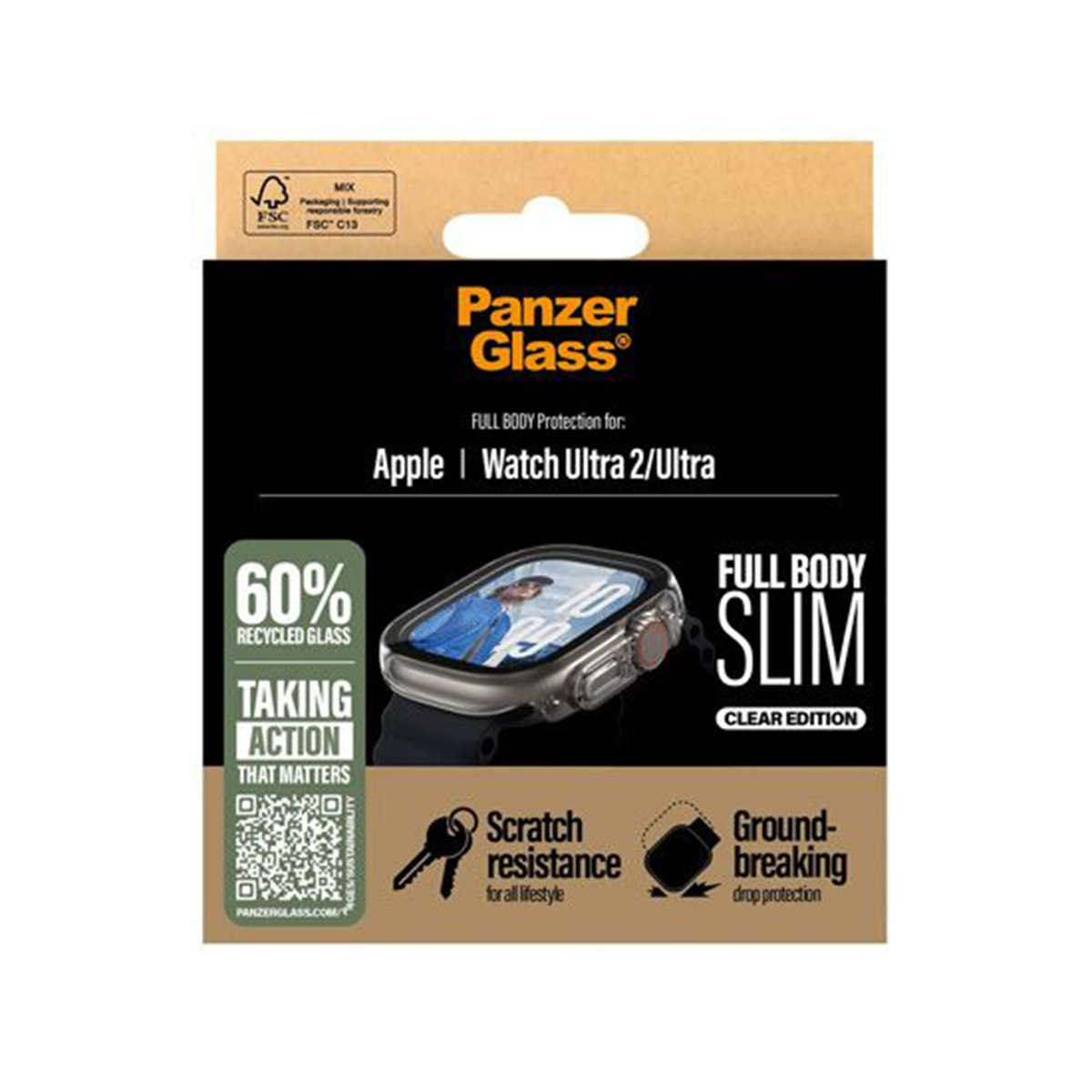Packaging with text and images of an Apple Watch Ultra 2/Ultra screen protector.