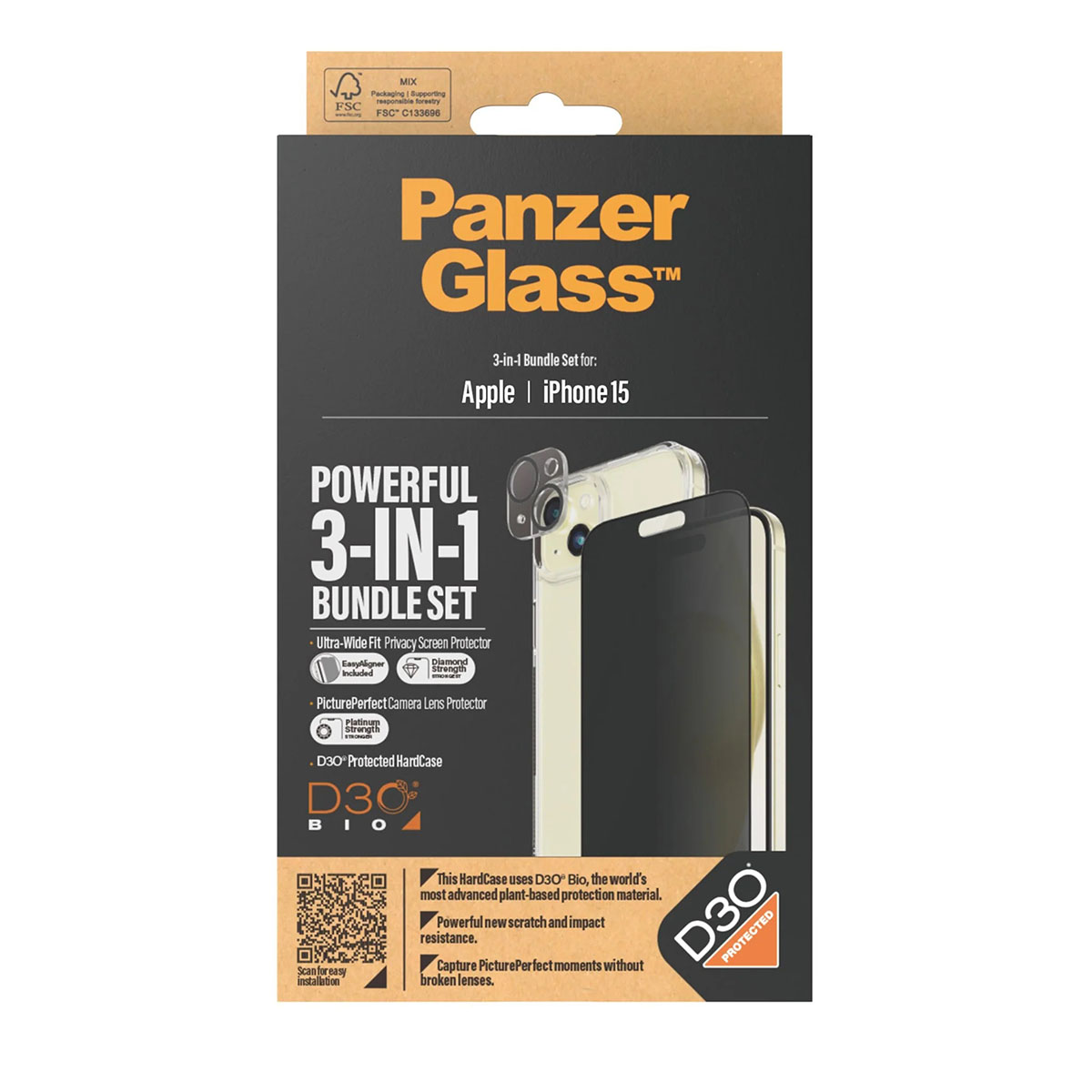 Verpackung für eine Handyhülle, beschriftet mit PanzerGlass, mit einem 3-in-1-Bundle-Set für ein iPhone.