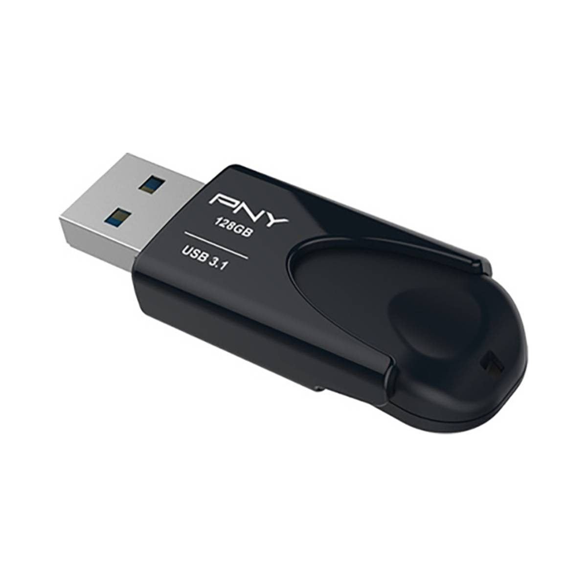 Czarny pendrive PNY USB 3.1, 128 GB, białe tło.