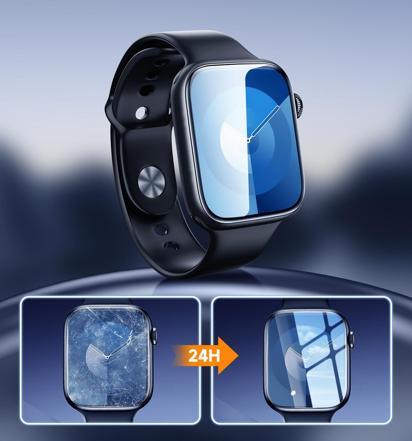 Eine Smartwatch, die ihre Kratzfestigkeit nach 24 Stunden anzeigt, mit einem beschädigten und einem reparierten Bildschirm.