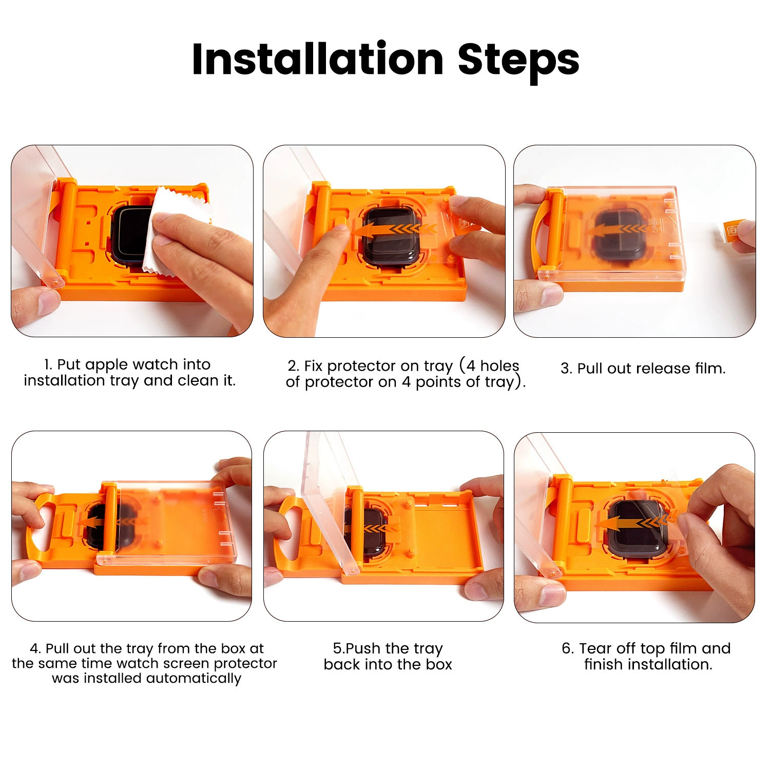 Installationsschritte für Displayschutzfolie. Orangefarbene Schale, Apple Watch, weißes Tuch, Folie. Hände sichtbar.