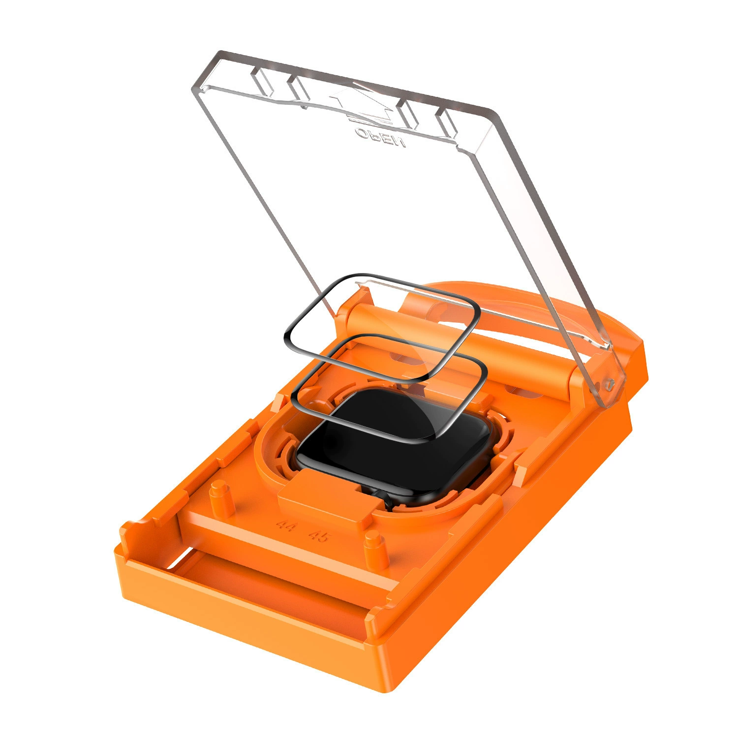 Orangenes Gehäuse mit Displayschutz und Telefon. Oberseite offen.