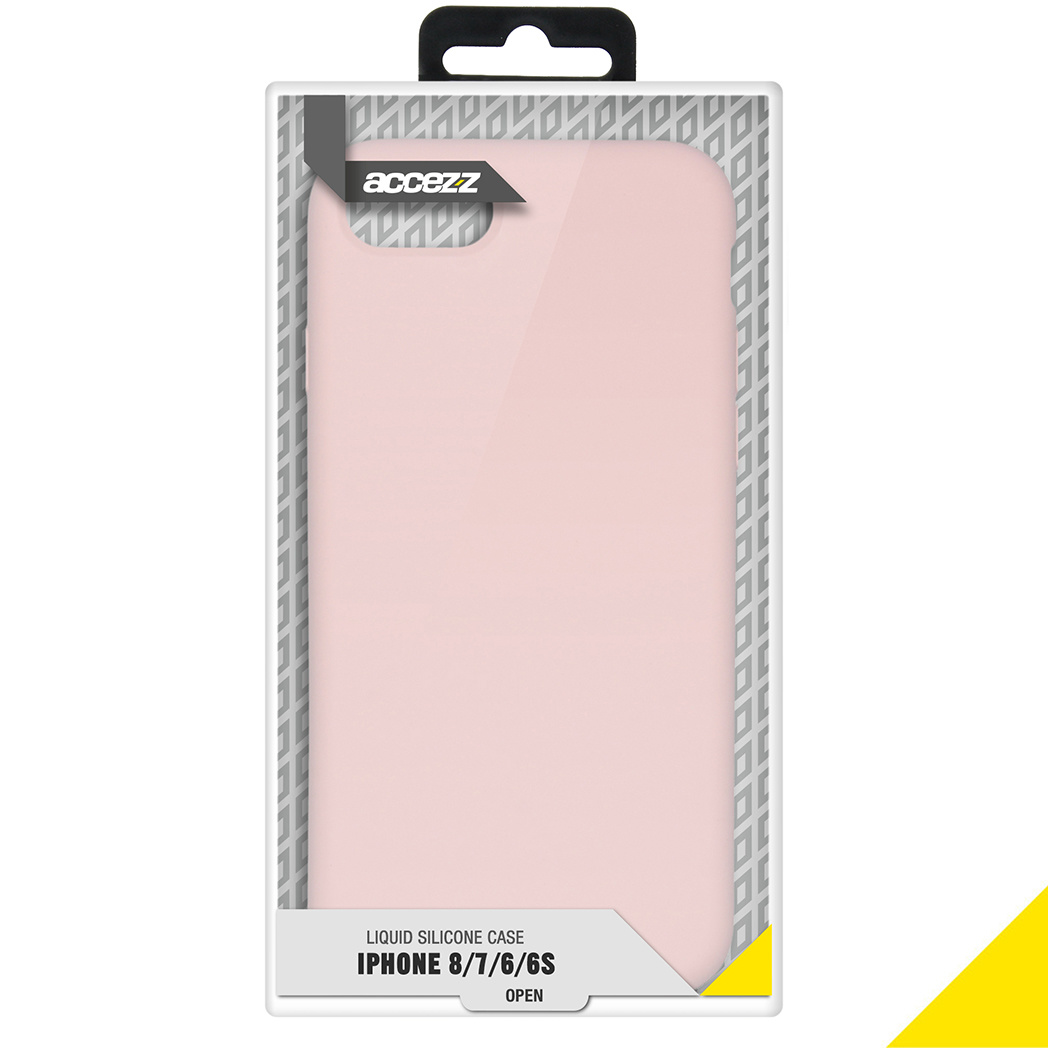 Roze telefoonhoes in een transparante doos met de merknaam en het telefoonmodel erop.