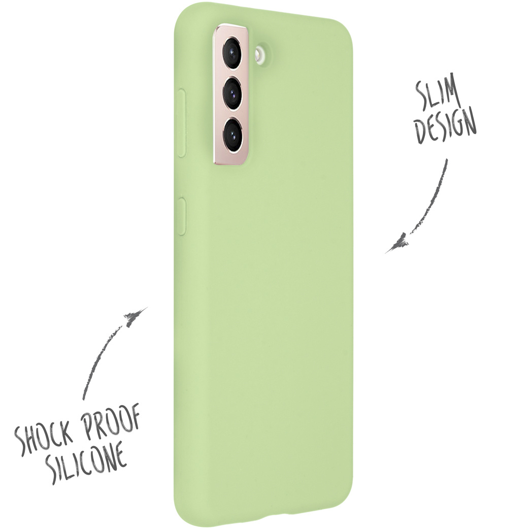Custodia per telefono verde chiaro. Il testo dice 'Design sottile' e 'Silicone antiurto'. Sfondo bianco.