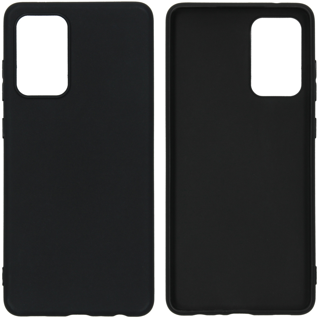 Twee zwarte telefoonhoesjes, één met een camera-uitsparing. Beide hoesjes zijn effen en hebben een matte afwerking.