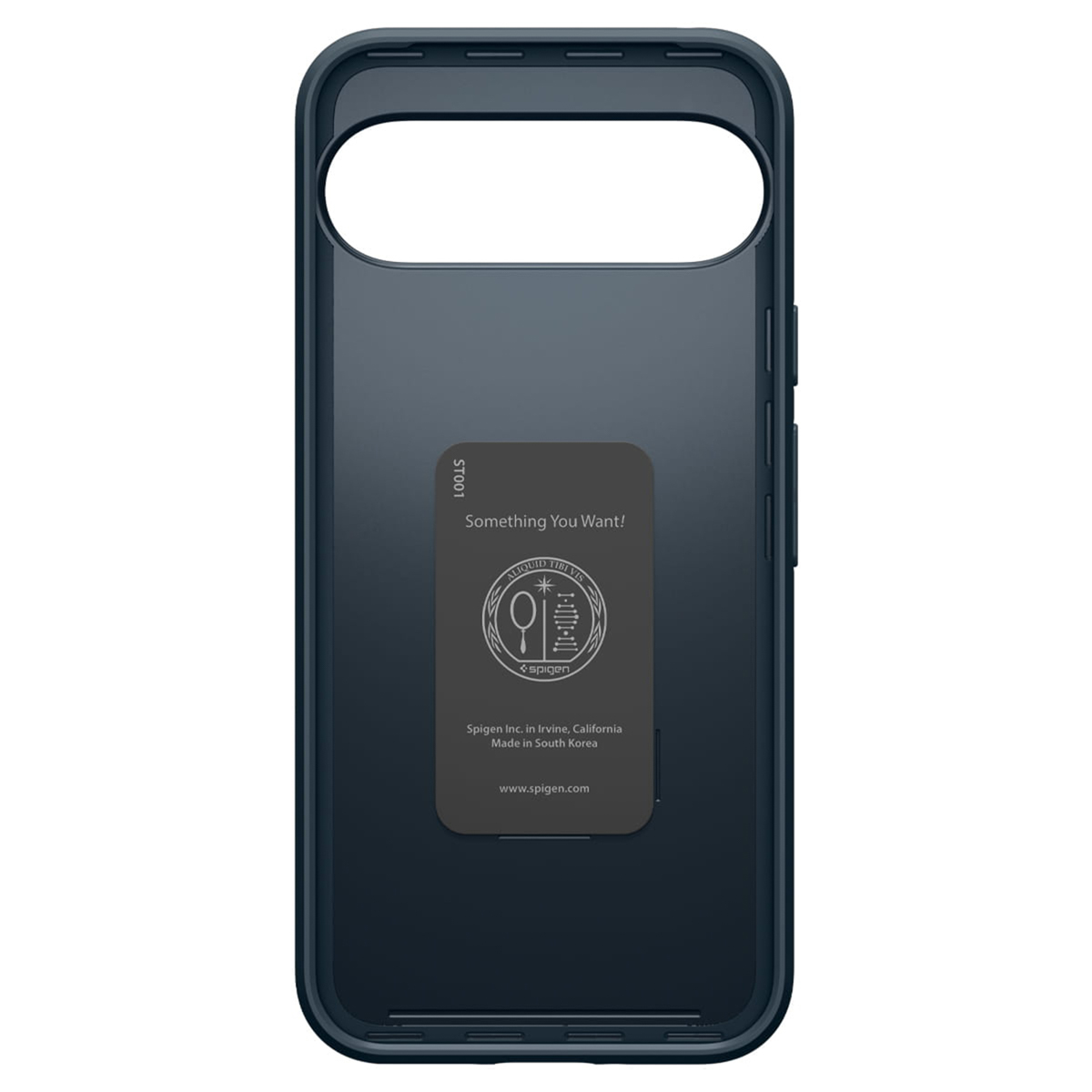 Die Innenseite einer dunkelblauen Handyhülle zeigt ein Etikett mit dem Spigen-Logo und Text.