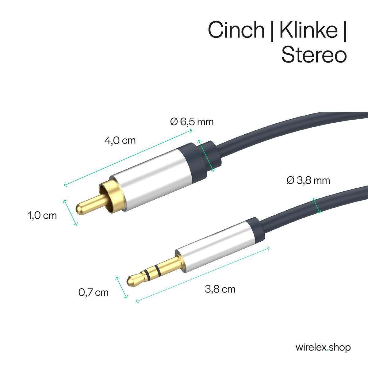 Nahaufnahme von Audiokabeln. Ein Cinch- und ein 3,5-mm-Klinkenstecker, mit Abmessungen.