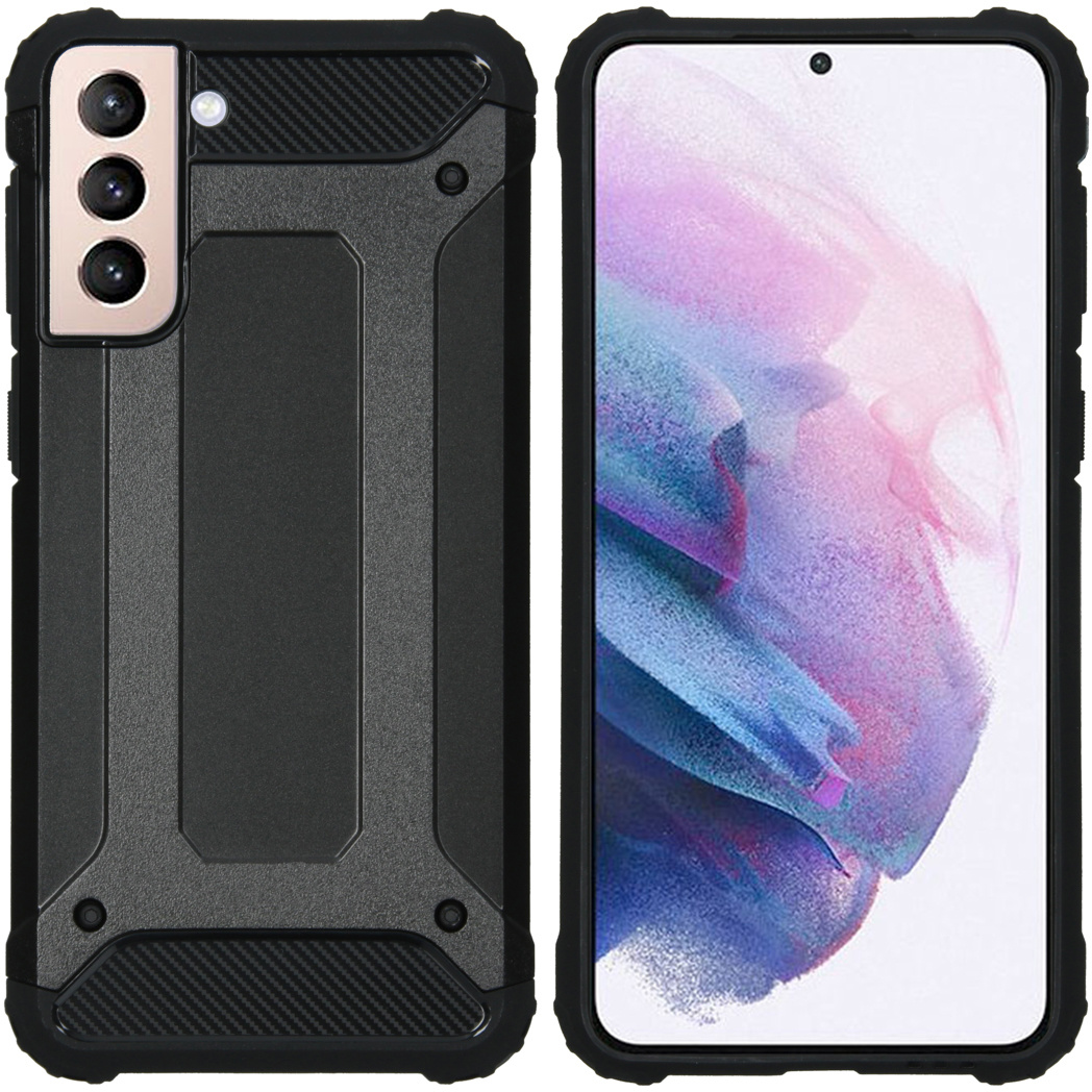 Twee zwarte telefoonhoesjes. De linker is voor de achterkant, de rechter voor de voorkant van de telefoon. Beide hoesjes hebben een robuust ontwerp.