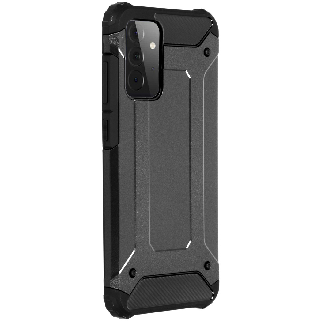 Custodia nera per telefono con ritagli per fotocamera e design robusto.