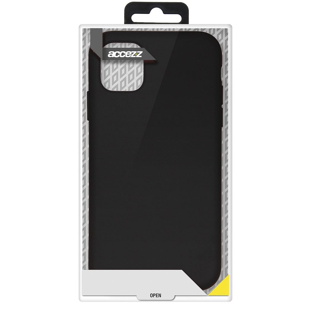 Een telefoonhoesje in een doorzichtige plastic doos met het merk 'accezz' zichtbaar, het woord 'OPEN' onderaan.