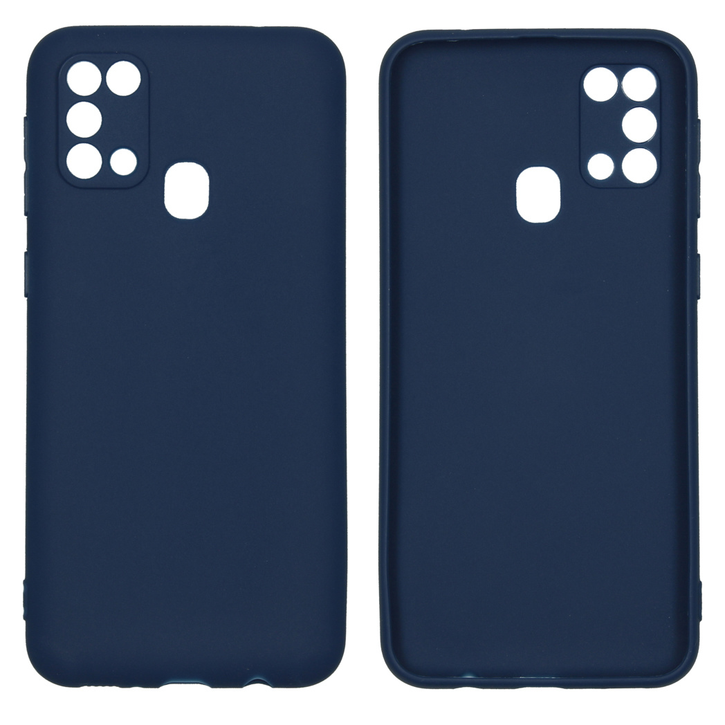 Due custodie per telefono blu navy, viste posteriori. Sei ritagli per fotocamera e uno per il flash.