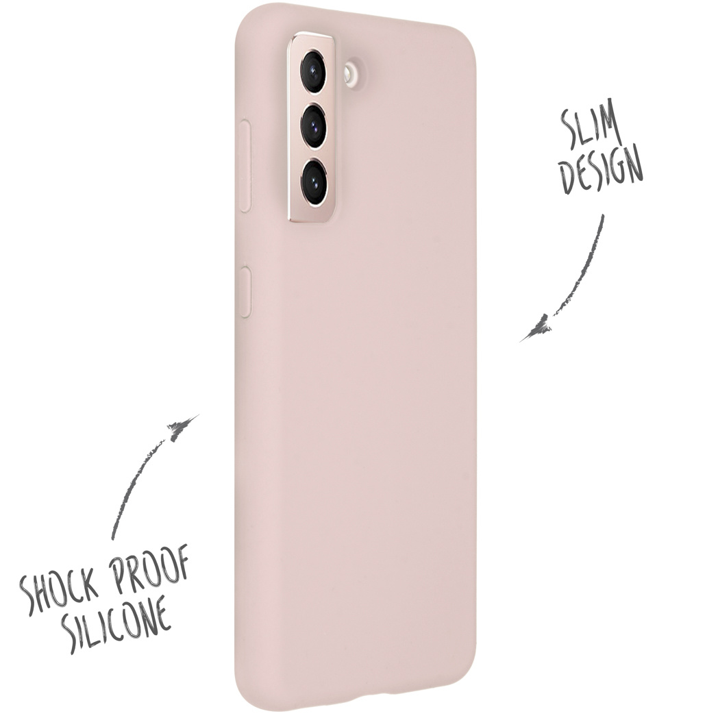 Une coque de téléphone rose. Texte: 'Shock Proof Silicone' et 'Slim Design'.