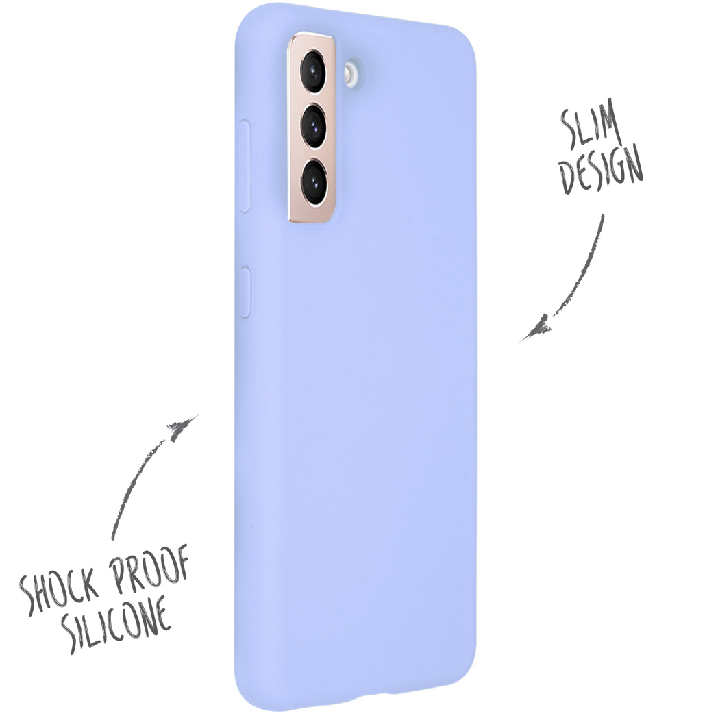 Lila telefoonhoes met schokbestendig en slank ontwerp. Pijlen wijzen naar functies.