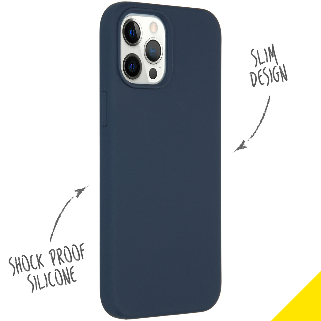 Une coque de téléphone bleu marine avec le texte 'Shock Proof Silicone' et 'Slim Design'.