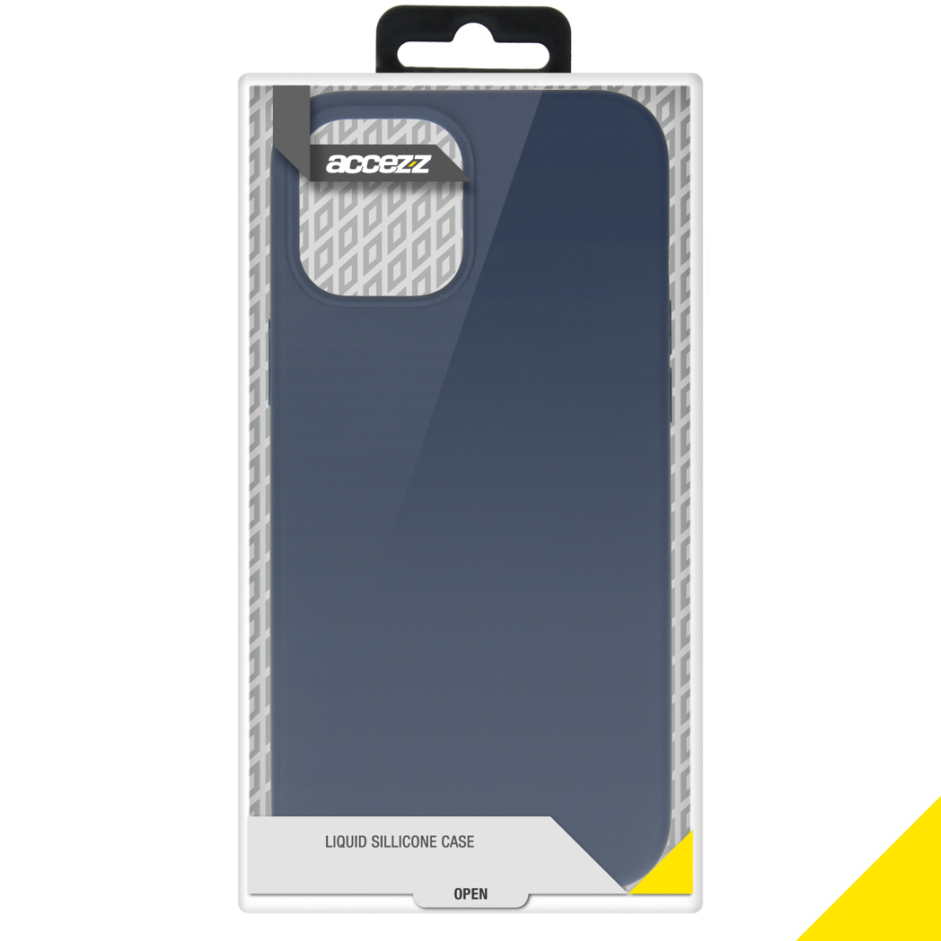 Coque de téléphone bleue dans une boîte en plastique transparent, nom de la marque visible.