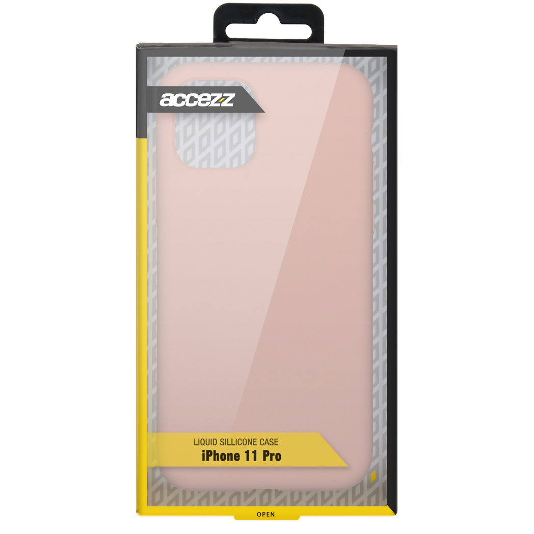 Coque en silicone liquide rose pour iPhone 11 Pro dans une boîte.