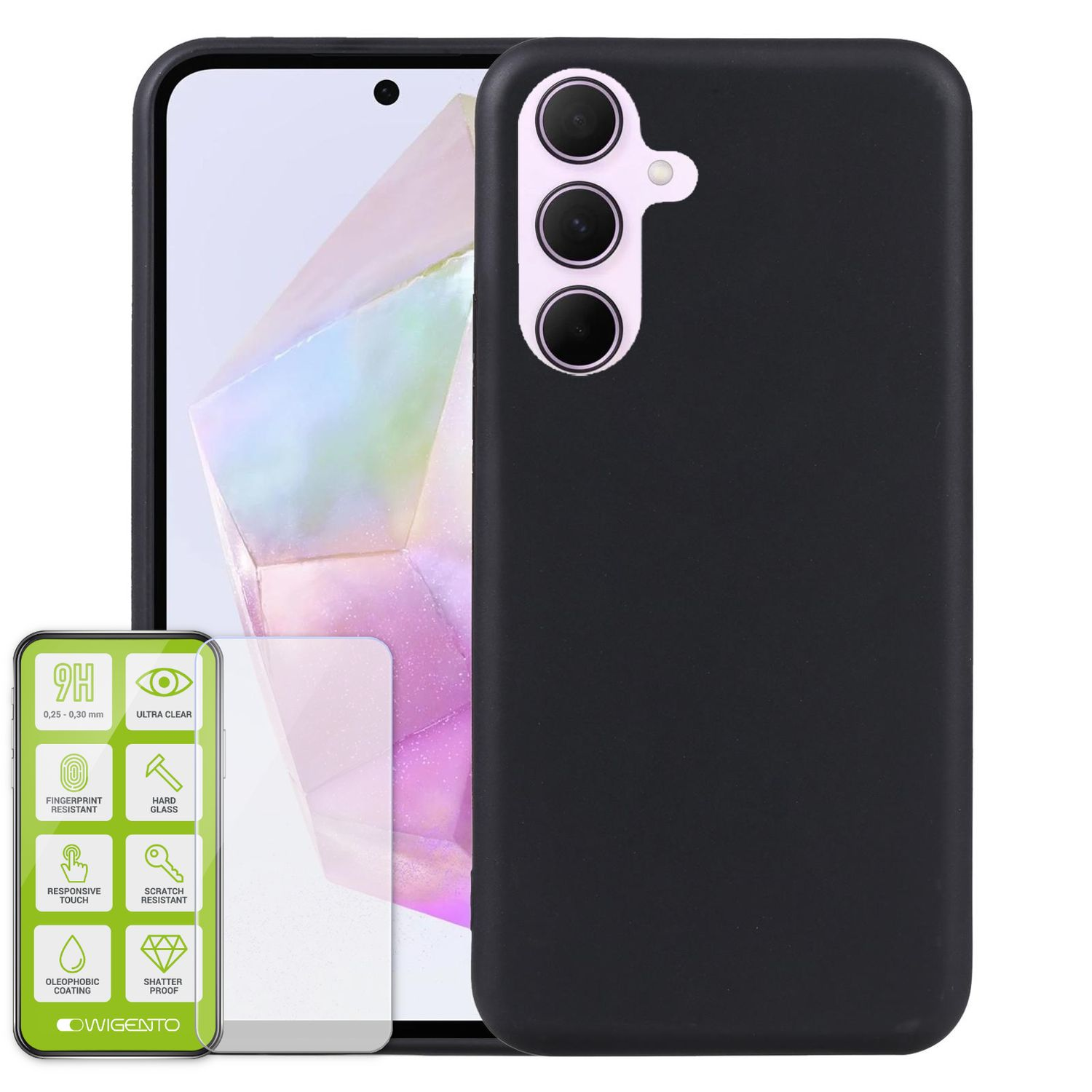 Schwarze Handyhülle, Displayschutzfolie und Telefon, das die Kamera zeigt.