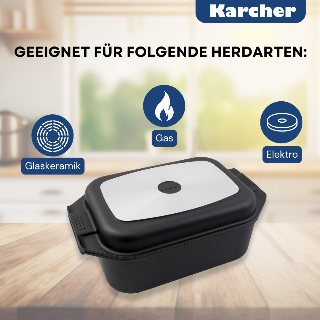 Eine schwarze Auflaufform mit silbernem Deckel, gezeigt auf einer Holzoberfläche mit Symbolen.