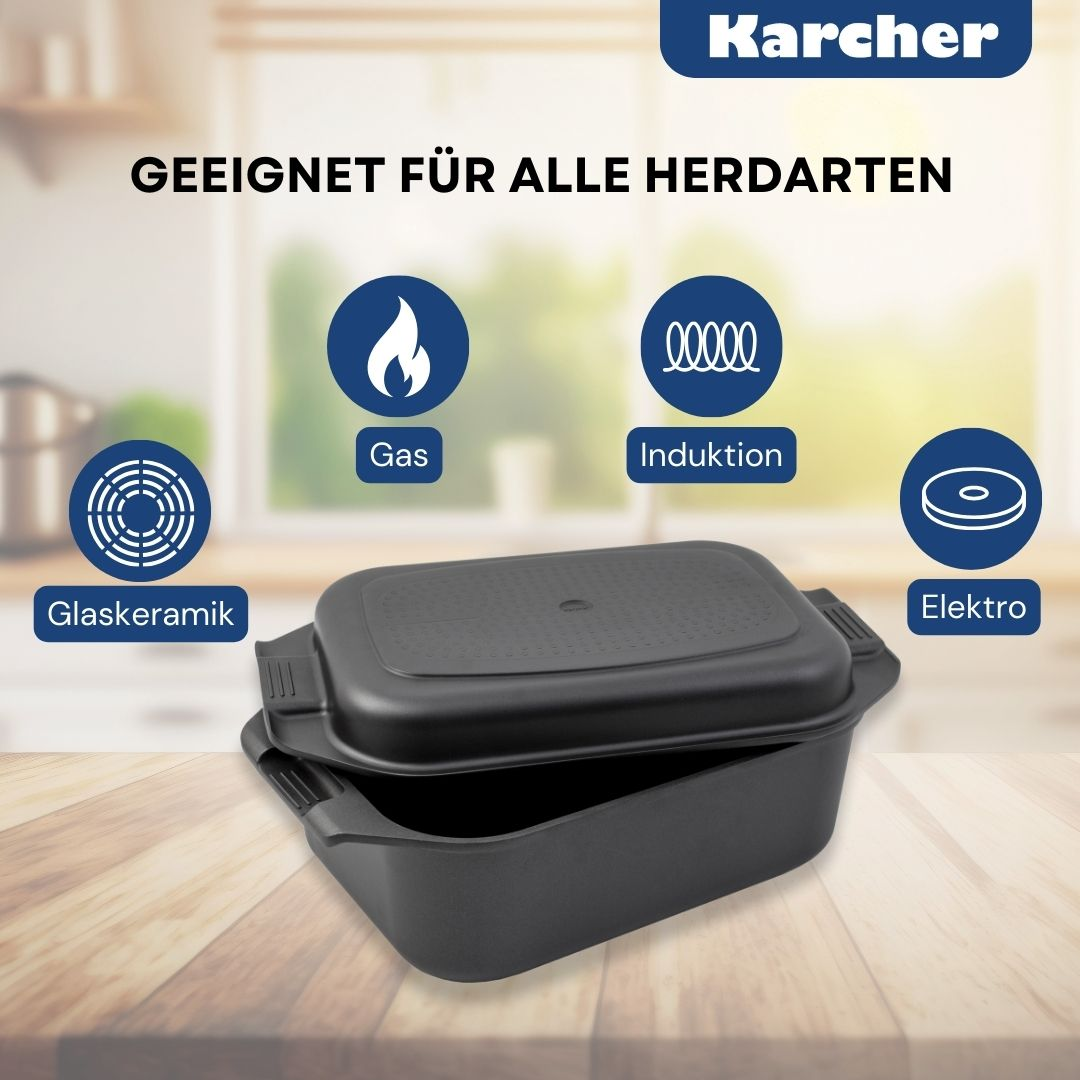 Ein schwarzer Kochtopf mit Deckel auf Holz. Symbole für Gas, Induktion und Elektro sind sichtbar.