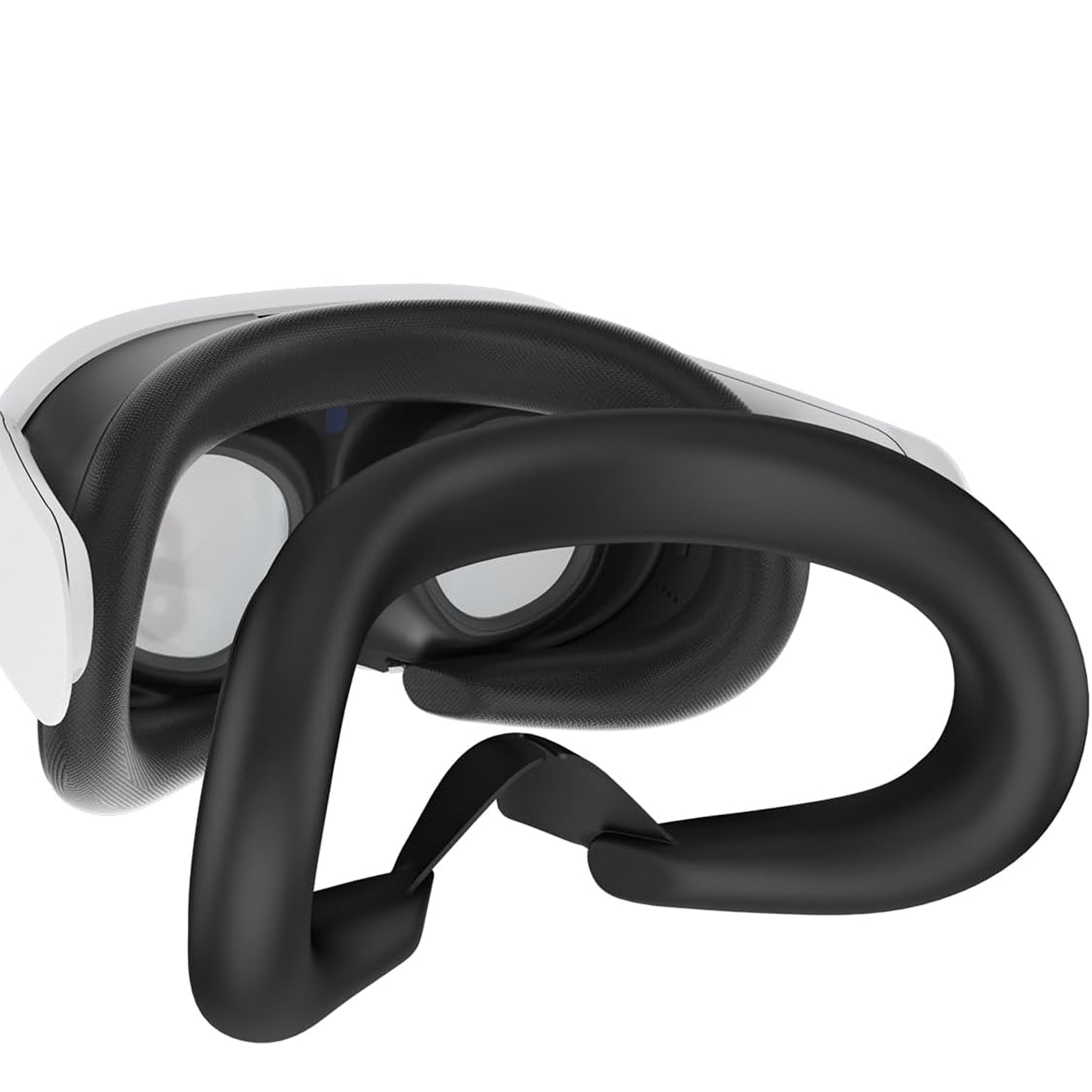 VR-Headset, weiß und schwarz, mit gebogenem schwarzem Kopfband. Die Linsen sind sichtbar.