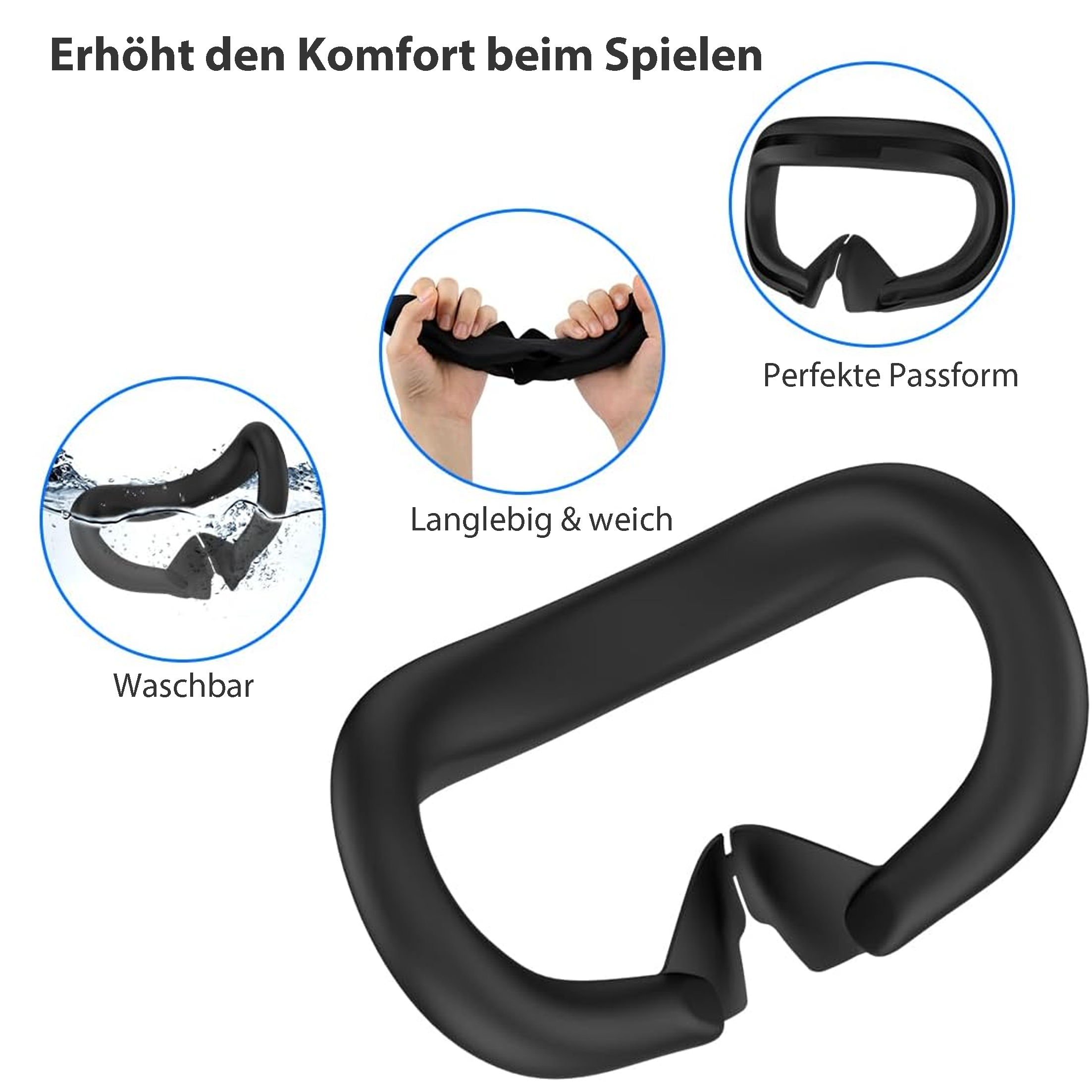 Eine schwarze VR-Headset-Gesichtsabdeckung. Zeigt die Abdeckung in Gebrauch und drei Diagramme: waschbar, haltbar, perfekte Passform.