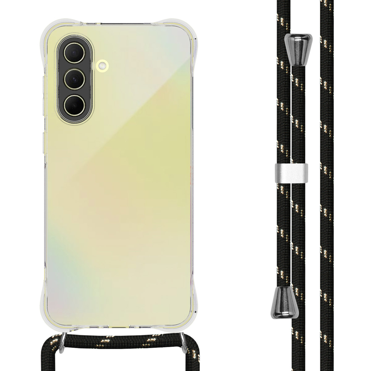 Telefoon in een doorzichtige hoes met een lanyard. De telefoon is geelgroen. De lanyard is zwart en beige.