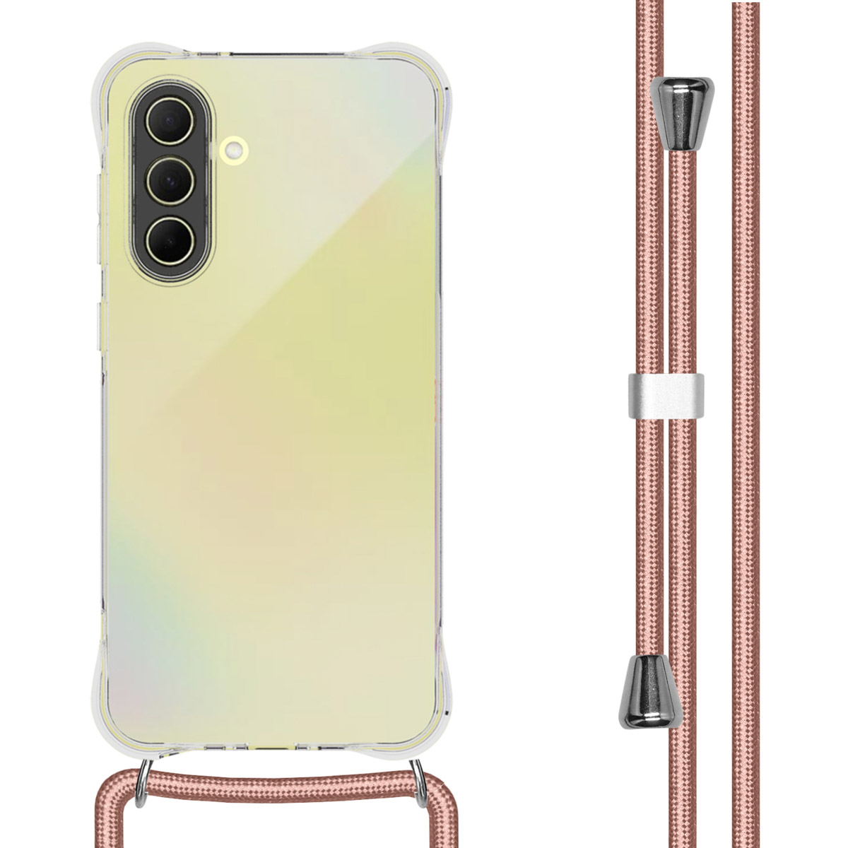Coque transparente avec cordon. Le téléphone a 3 caméras.