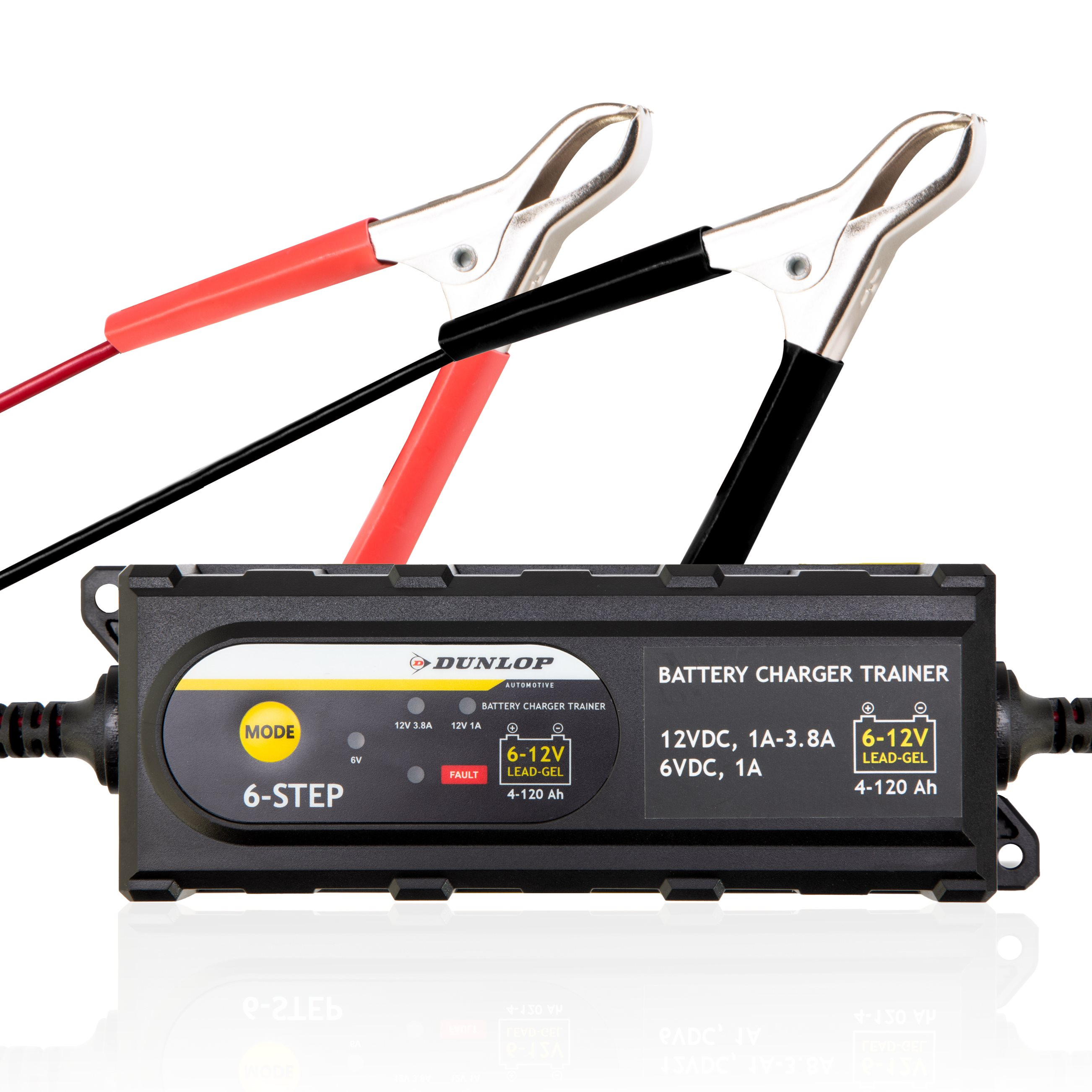 Battery charger with red and black clamps attached. The charger is black with a yellow and gray label.