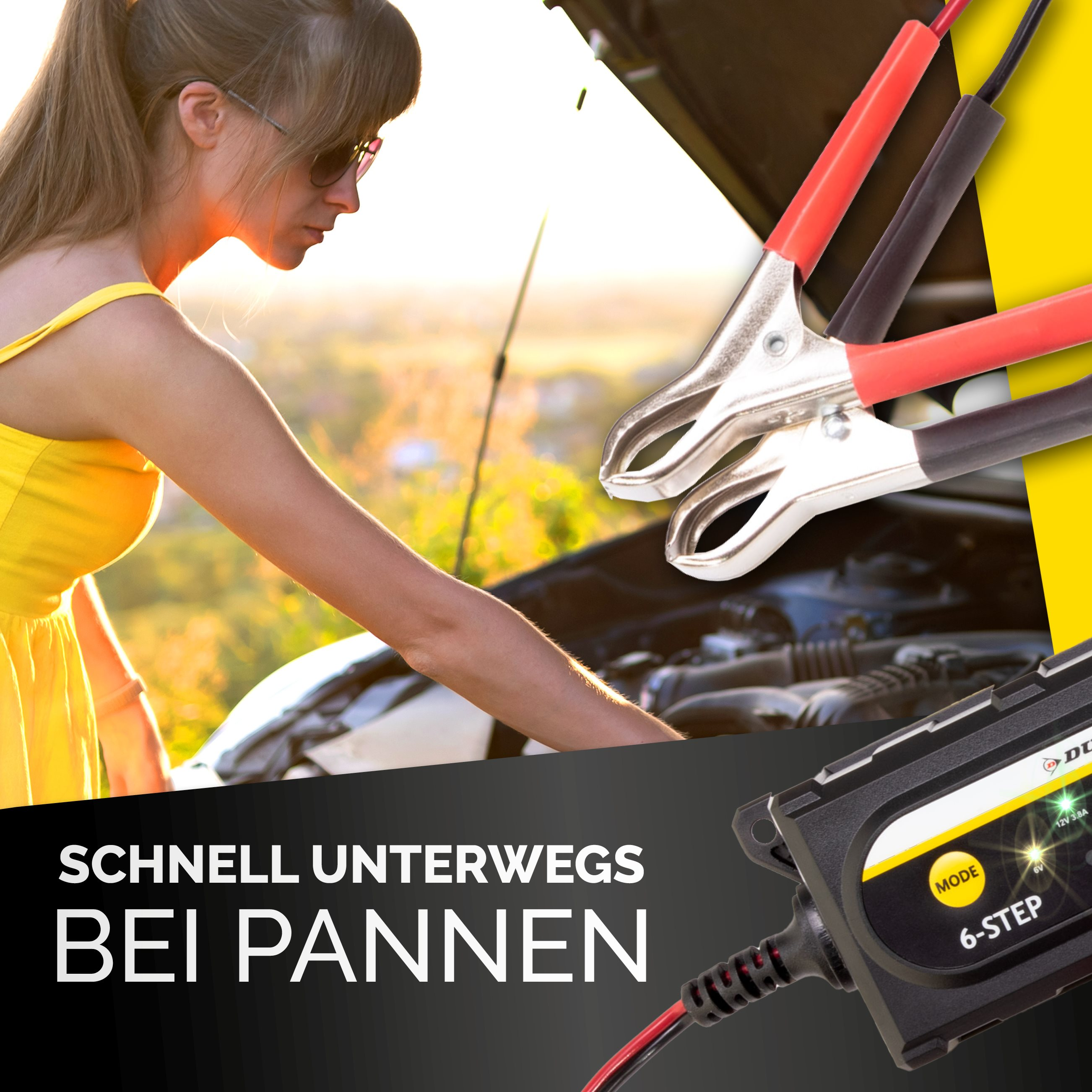 Woman in a yellow dress checking a car battery with a charger.