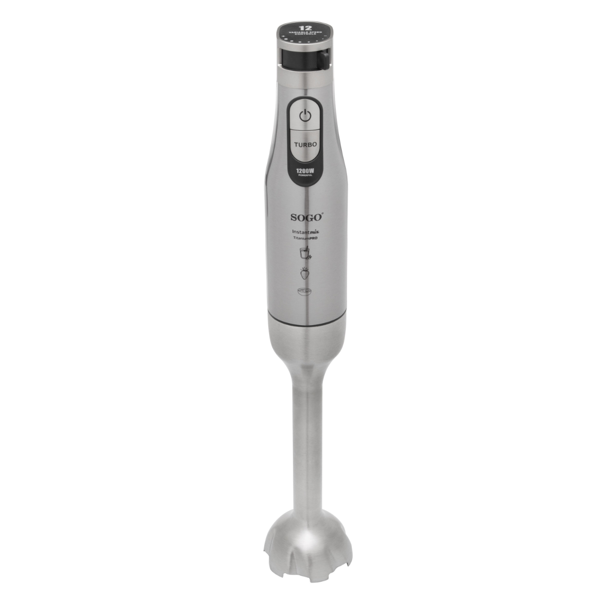 Una batidora de mano Sogo de acero inoxidable con botón turbo y 1200W de potencia.