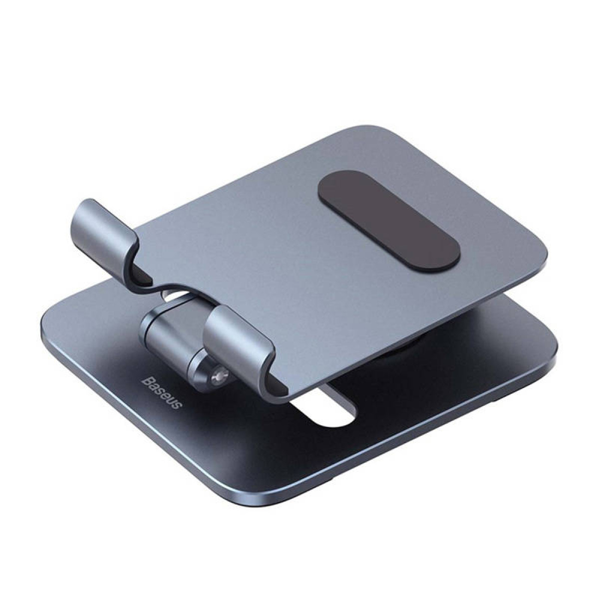 Ein grauer Baseus-Telefonständer, verstellbar, mit einem kleinen schwarzen Gummipolster oben.