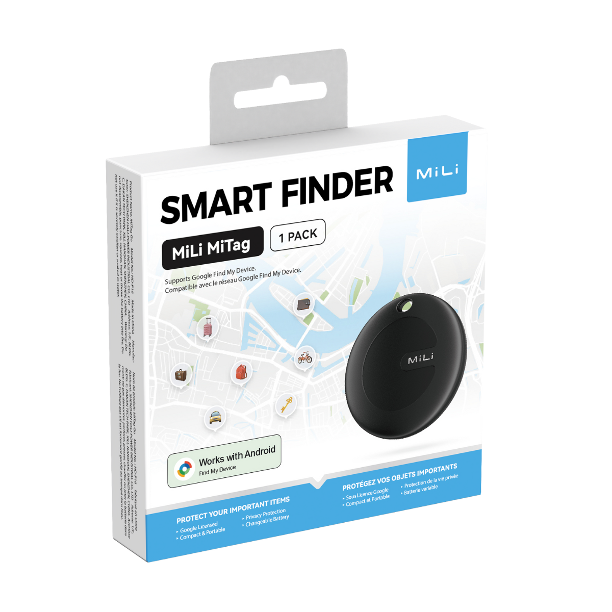 Eine weiße Box mit einem schwarzen Smart Finder und einer Karte mit Symbolen darauf.