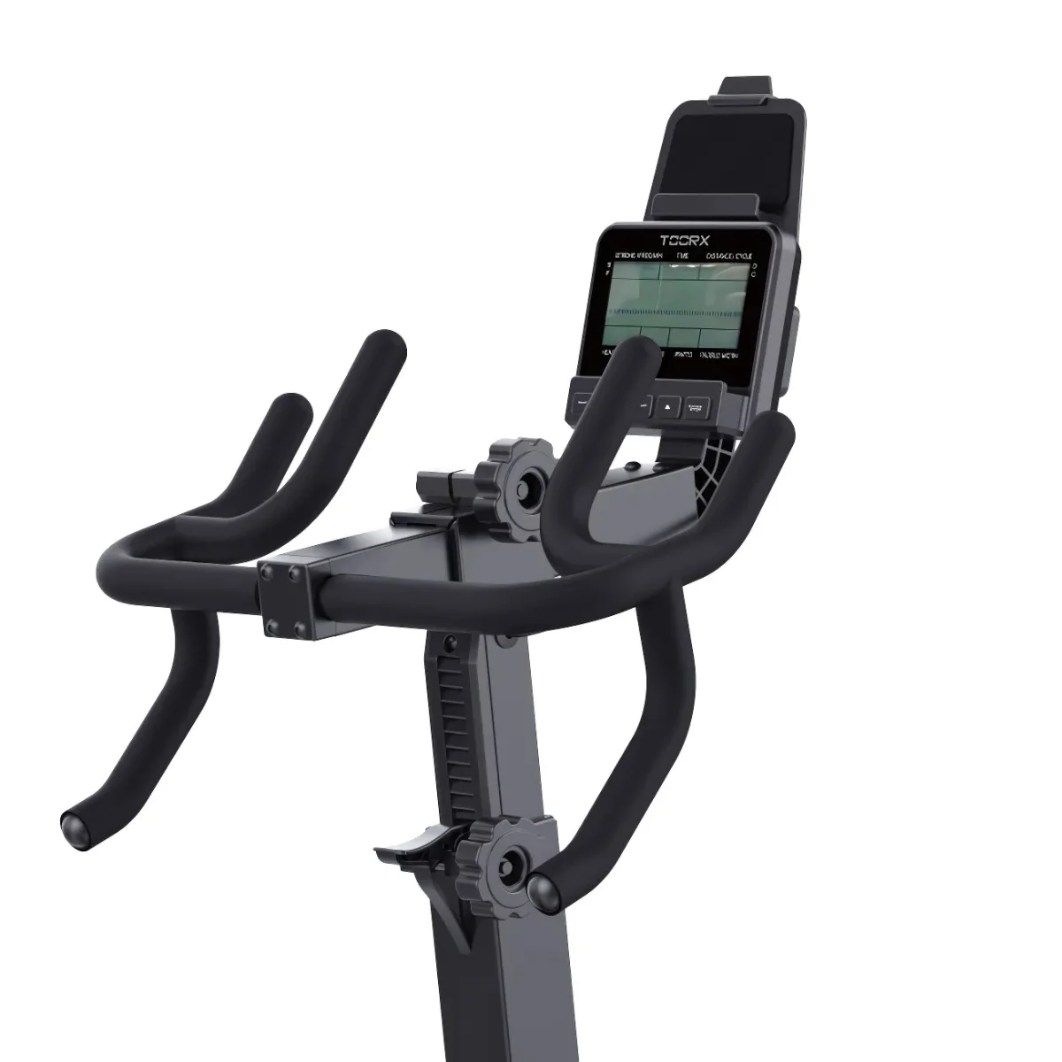 Vélo d'exercice stationnaire. Guidon, console et siège noirs sur fond blanc.