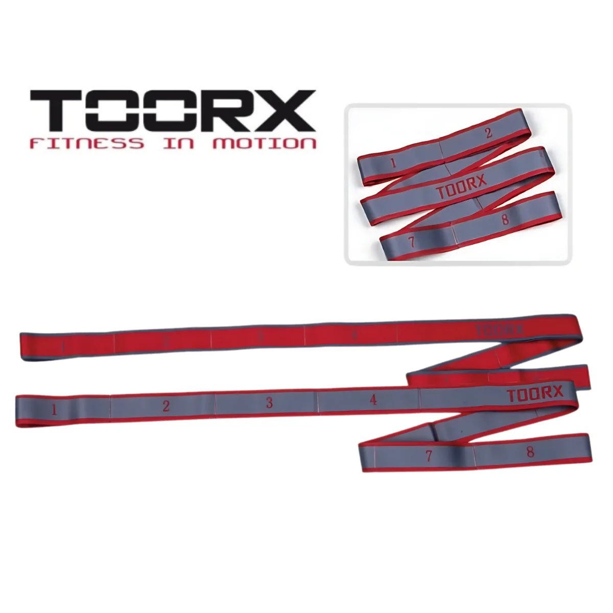 Red and gray exercise bands. Text reads 'TOORX FITNESS IN MOTION'. Multiple bands shown.