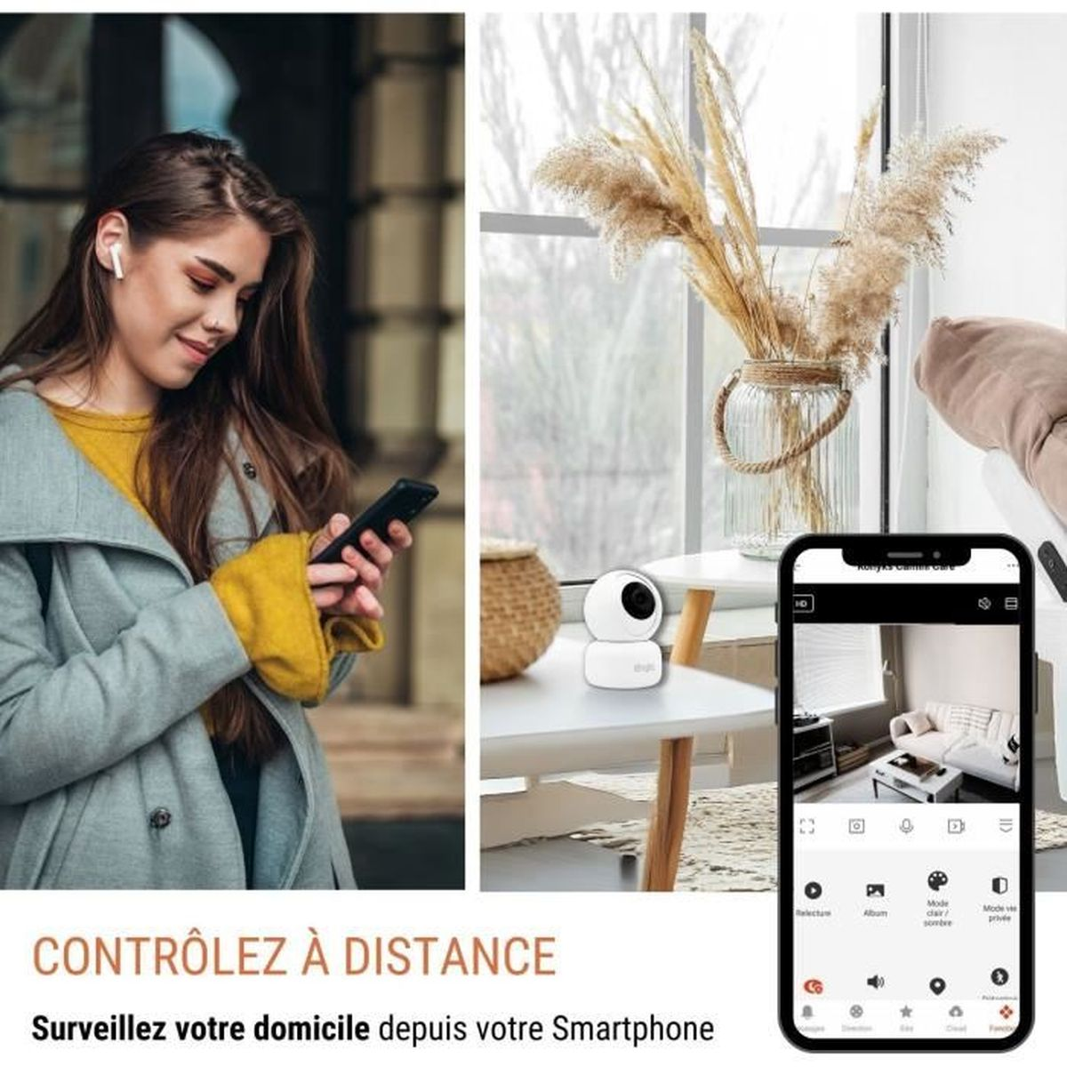 Frau, die ein Telefon benutzt, zeigt den Feed einer Heimsicherheitskamera auf einem anderen Telefon.