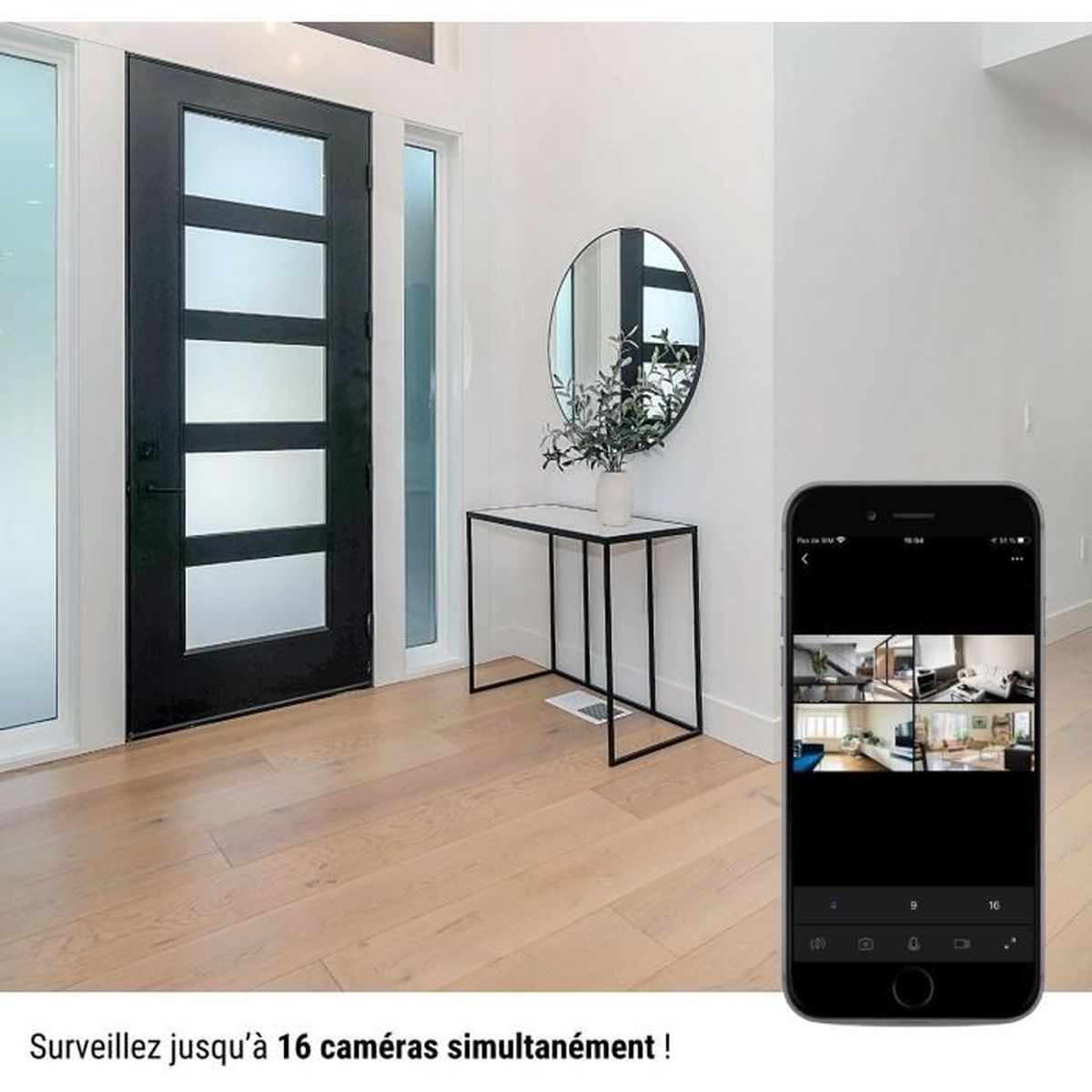 Ein modernes Hausinterieur mit einer schwarzen Tür. Ein Telefon zeigt mehrere Sicherheitskameraansichten.