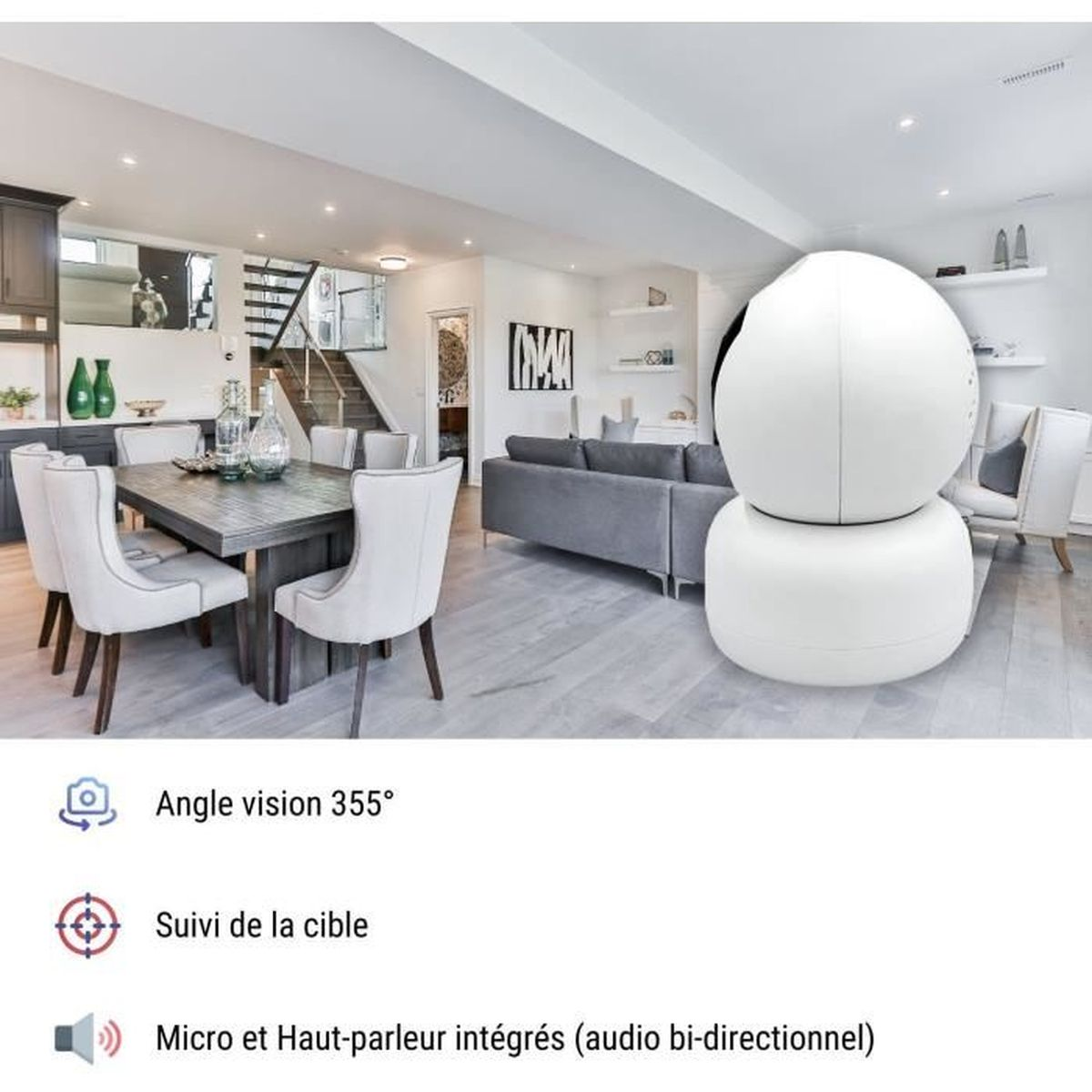 Eine Smart-Kamera in einem Wohnzimmer. Der Raum hat Möbel und ist gut beleuchtet. Sie hat eine 355°-Blickwinkel.