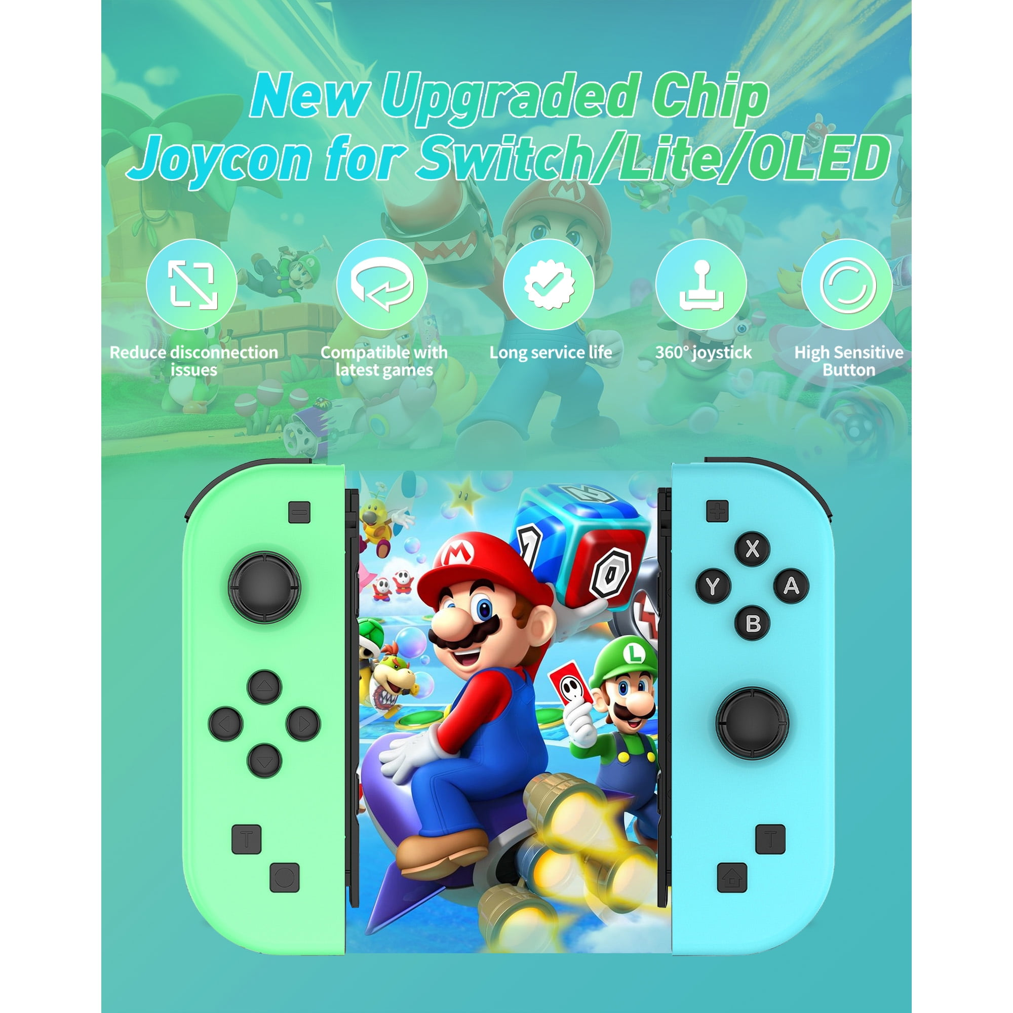 Joy-Con-Controller für Switch/Lite/OLED mit Mario- und Luigi-Grafiken. Grün und blau.